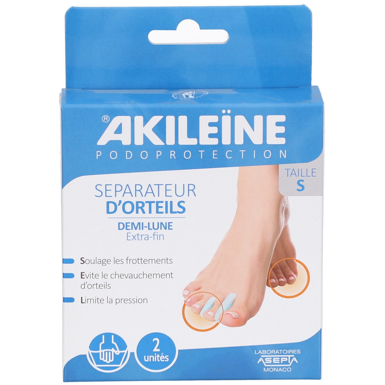 Verpakking met teenspreiders. Blauwe doos met productnaam en voetillustratie. Bevat twee spreaders, maat S.