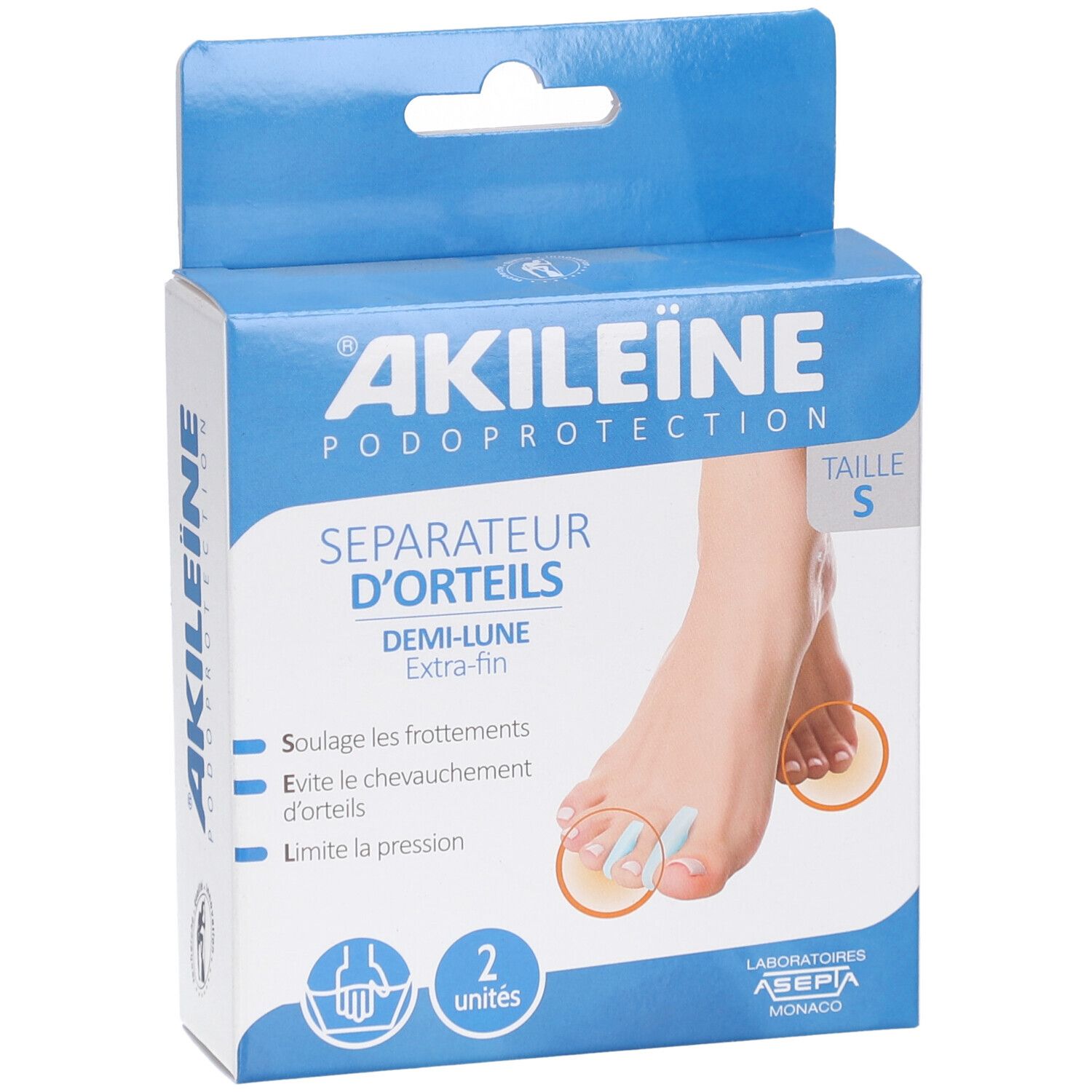 Verpakking met teenspreiders. Blauwe doos met productnaam en voetillustratie. Bevat twee spreaders, maat S.