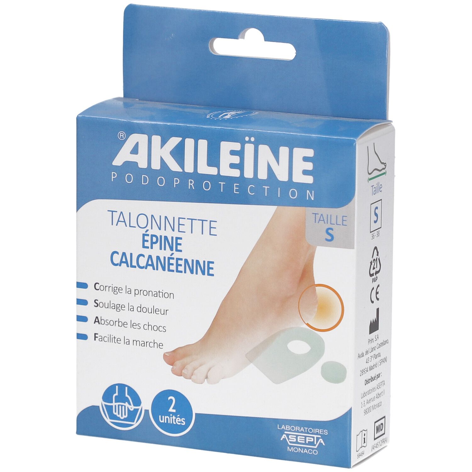 Kartonnen doos. Opschrift: AKILEINE, Podoprotection, Talonnette Épine Calcanéenne. Maat S. Twee hielkussens afgebeeld.