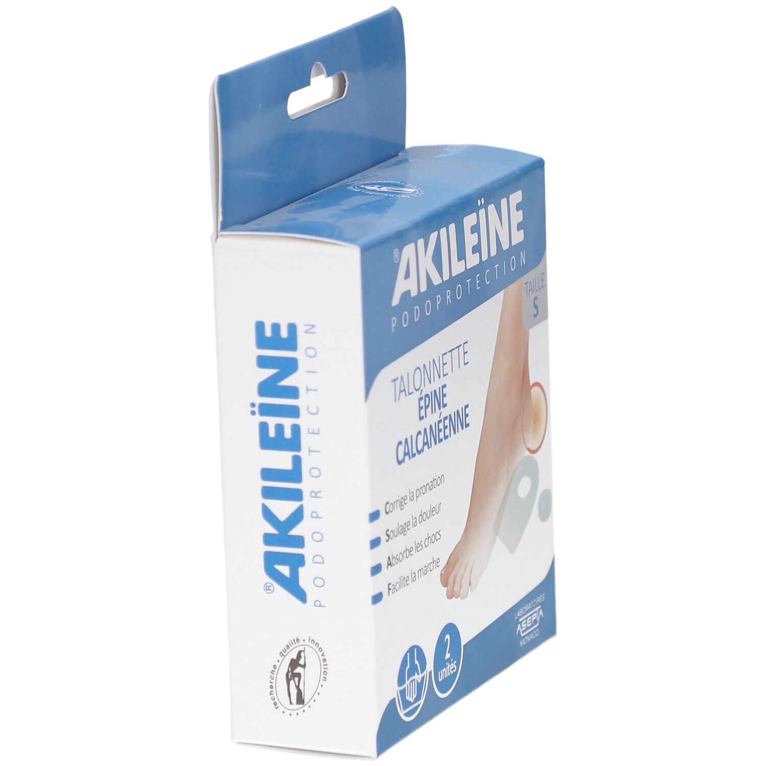 Kartonnen doos, zijaanzicht. Opschrift: AKILEINE, Podoprotection, Talonnette Épine Calcanéenne. Maat S. Twee hielkussens.