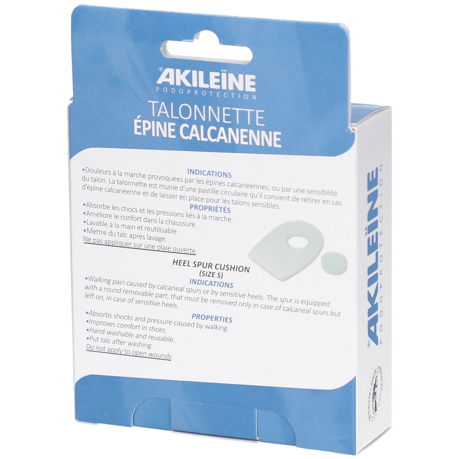 Achterkant van de doos. Tekst: AKILEINE, Podoprotection, Talonnette Épine Calcanéenne, Heel Spur Cushion (MAAT S).