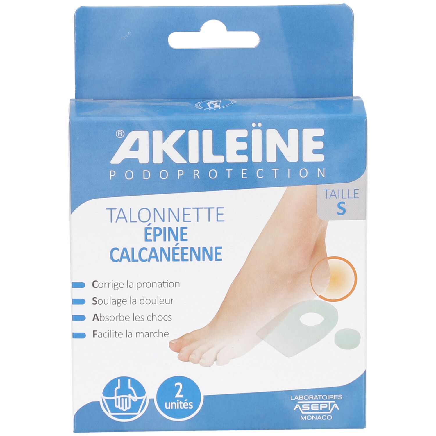 Kartonnen doos. Opschrift: AKILEINE, Podoprotection, Talonnette Épine Calcanéenne. Maat S. Twee hielkussens afgebeeld.
