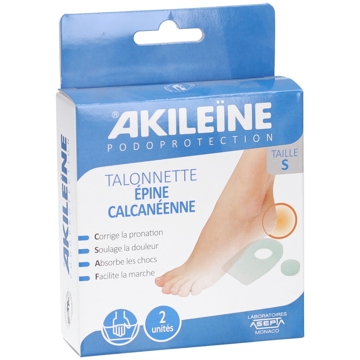 Kartonnen doos. Opschrift: AKILEINE, Podoprotection, Talonnette Épine Calcanéenne. Maat S. Twee hielkussens afgebeeld.