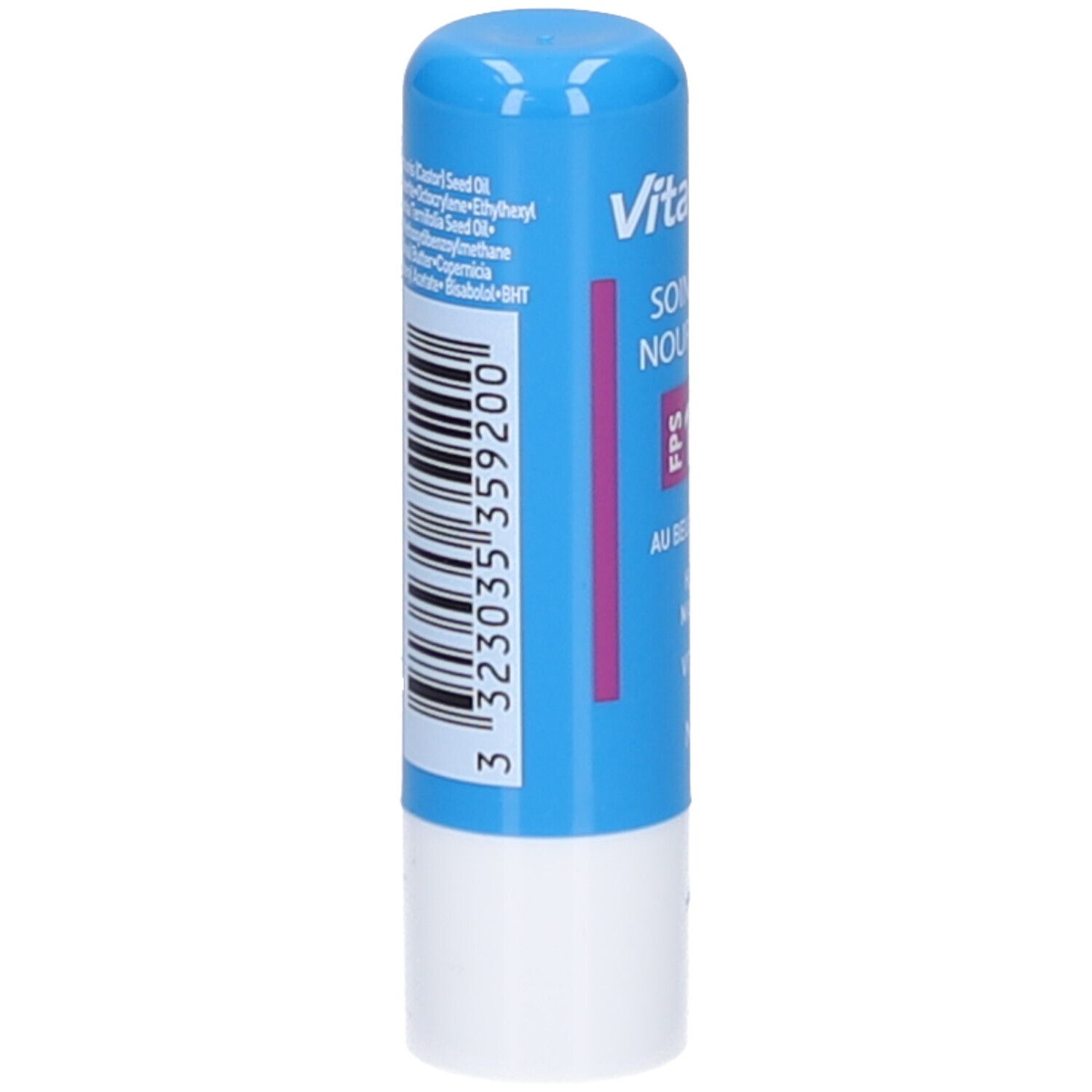 Blauwe lippenbalsem met witte basis. Opschrift: Vita citral, FPS 15, au beurre de karité, huile de macadamia, vitamine E, Net 4 g.