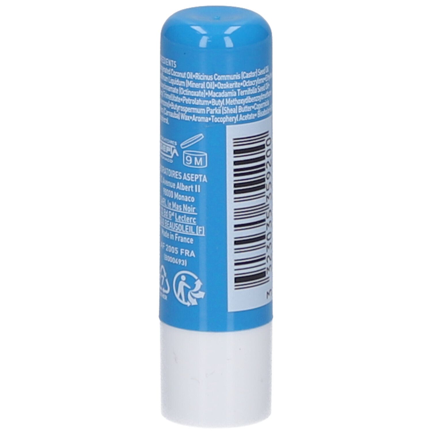Blauwe lippenbalsem met witte basis. Achterkant met ingrediënten, barcode en fabrikantinfo.