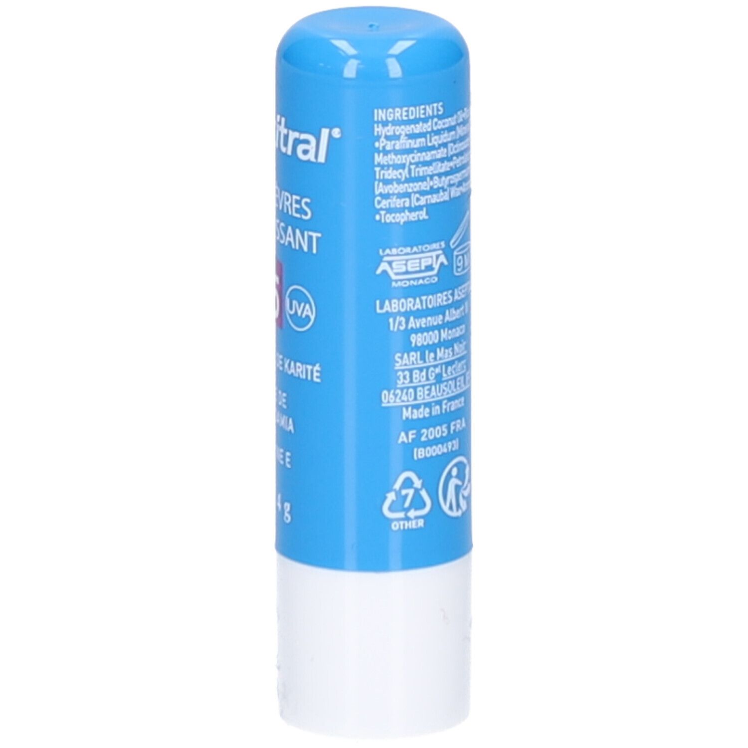 Blauwe lippenbalsem met witte basis. Achterkant met ingrediënten, barcode en fabrikantinfo.