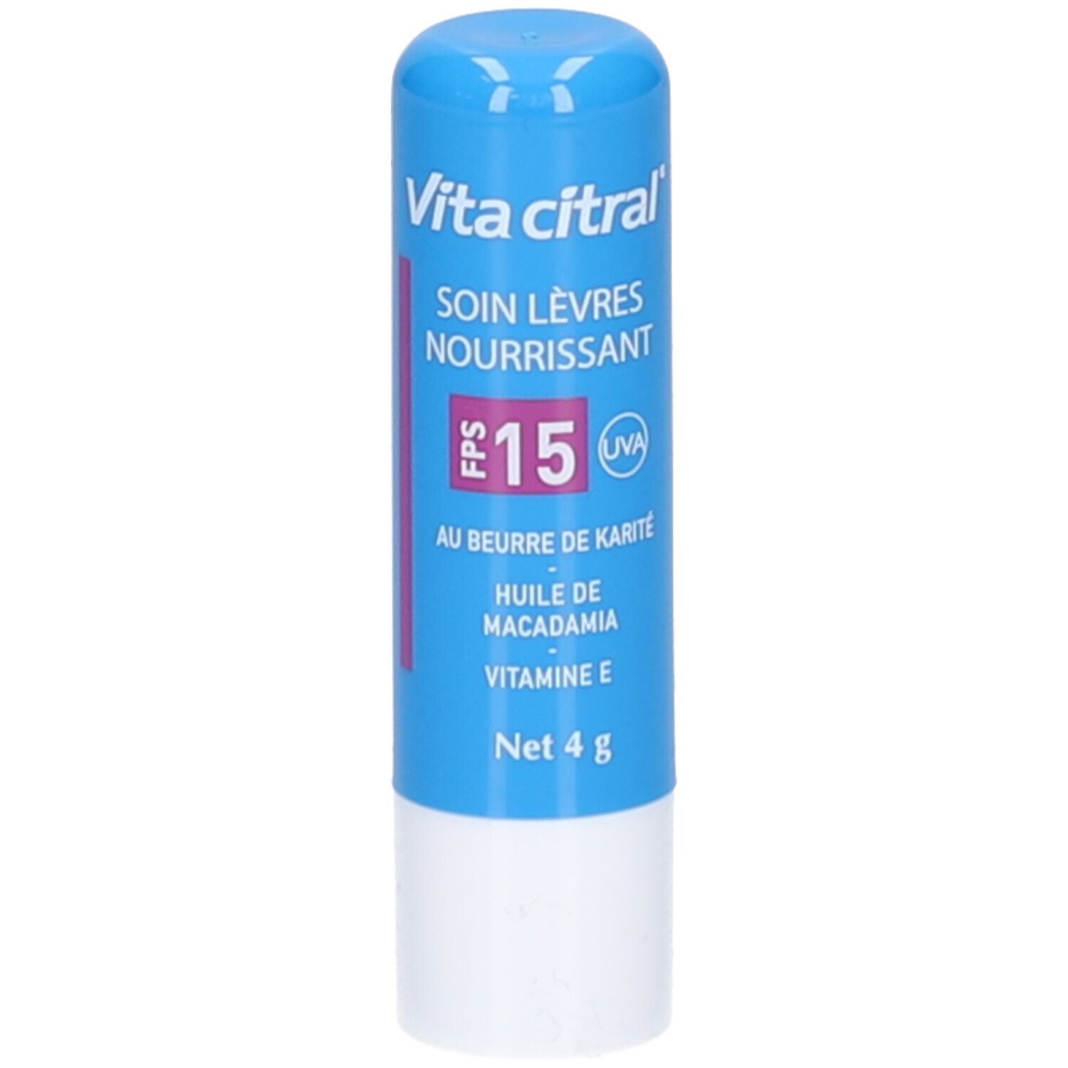 Blauwe lippenbalsem met witte basis. Opschrift: Vita citral, FPS 15, au beurre de karité, huile de macadamia, vitamine E, Net 4 g.