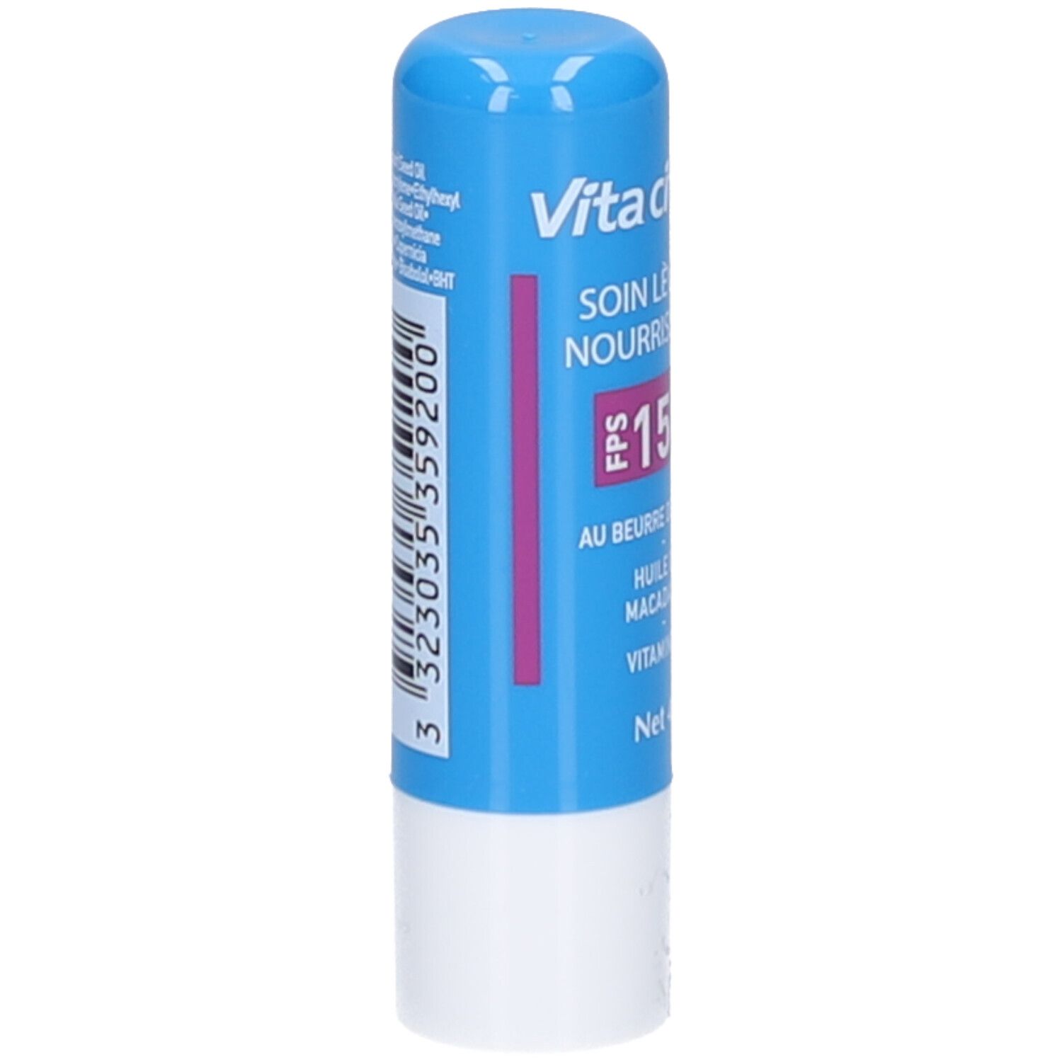Blauwe lippenbalsem met witte basis. Opschrift: Vita citral, FPS 15, au beurre de karité, huile de macadamia, vitamine E, Net 4 g.