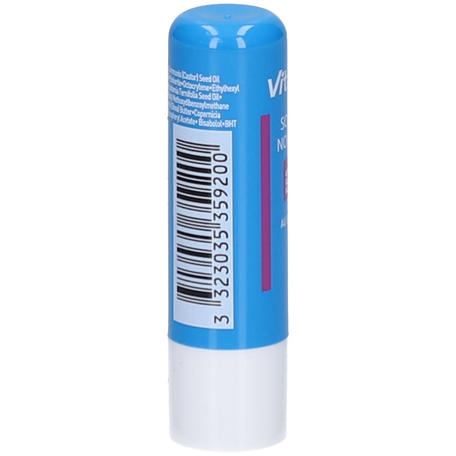 Blauwe lippenbalsem met witte basis. Opschrift: Vita citral, FPS 15, huile de macadamia, beurre de karité, vitamine E, Net 4 g.