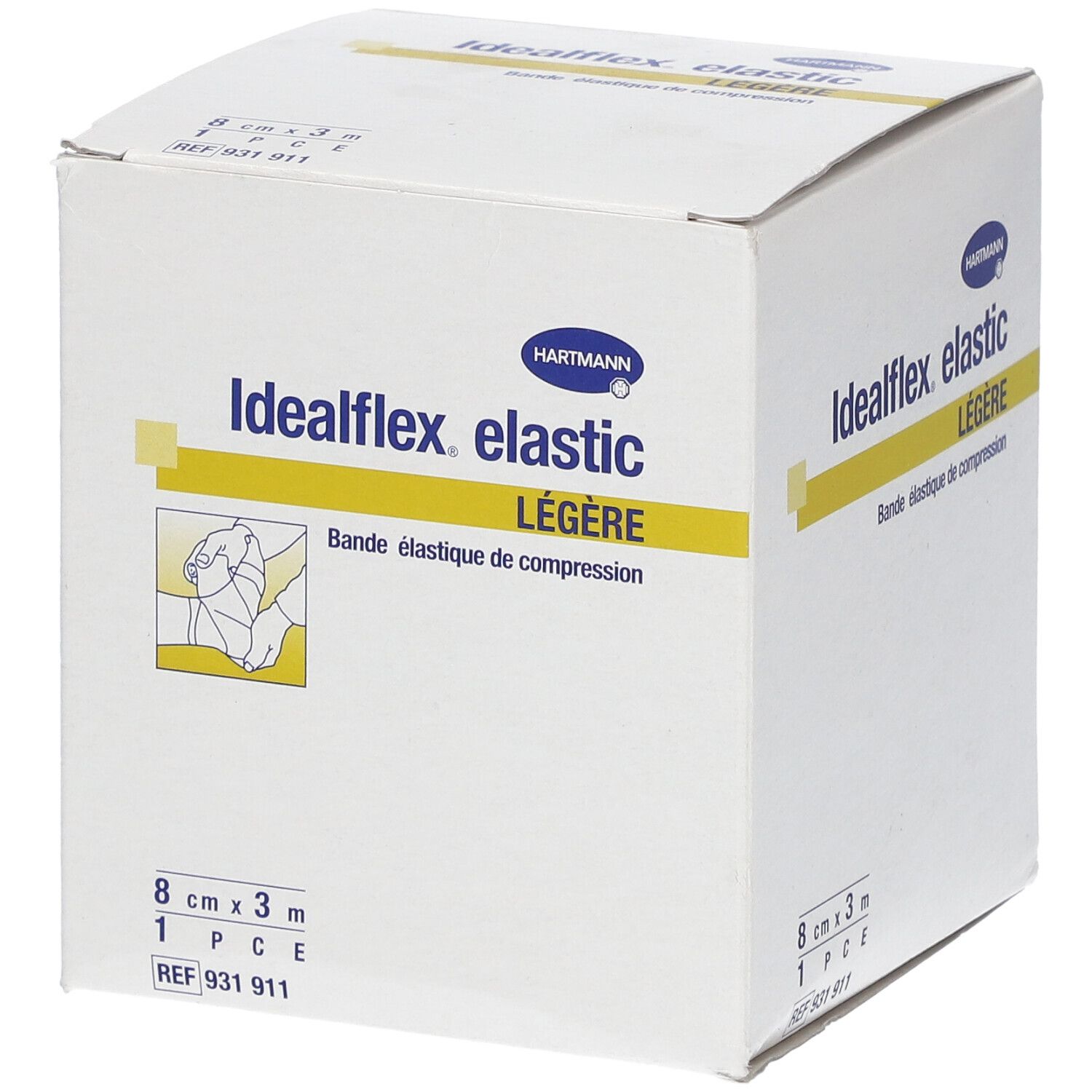 Boîte blanche Idealflex elastic Légère, 8 cm x 3 m. Inscriptions : Hartmann, bandage, 1 pièce, REF 931 911.