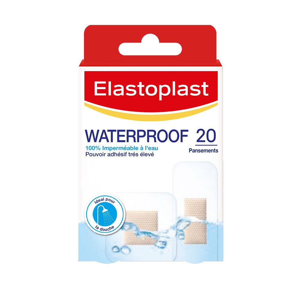 Boîte Elastoplast avec 20 pansements résistants à l'eau. Emballage rouge et blanc avec informations et logo.