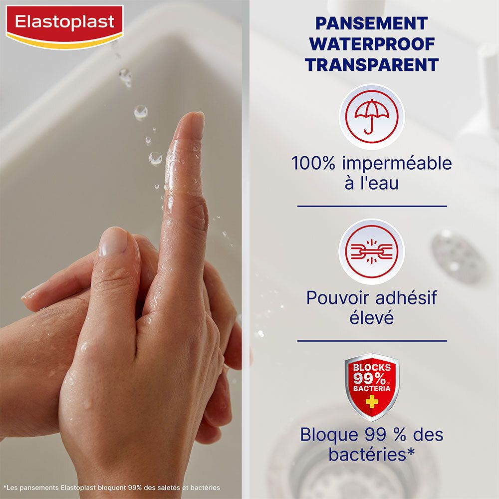 Mains sous l'eau courante. Texte: étanche, transparent, 100% étanche, forte adhérence, bloque 99% des bactéries.