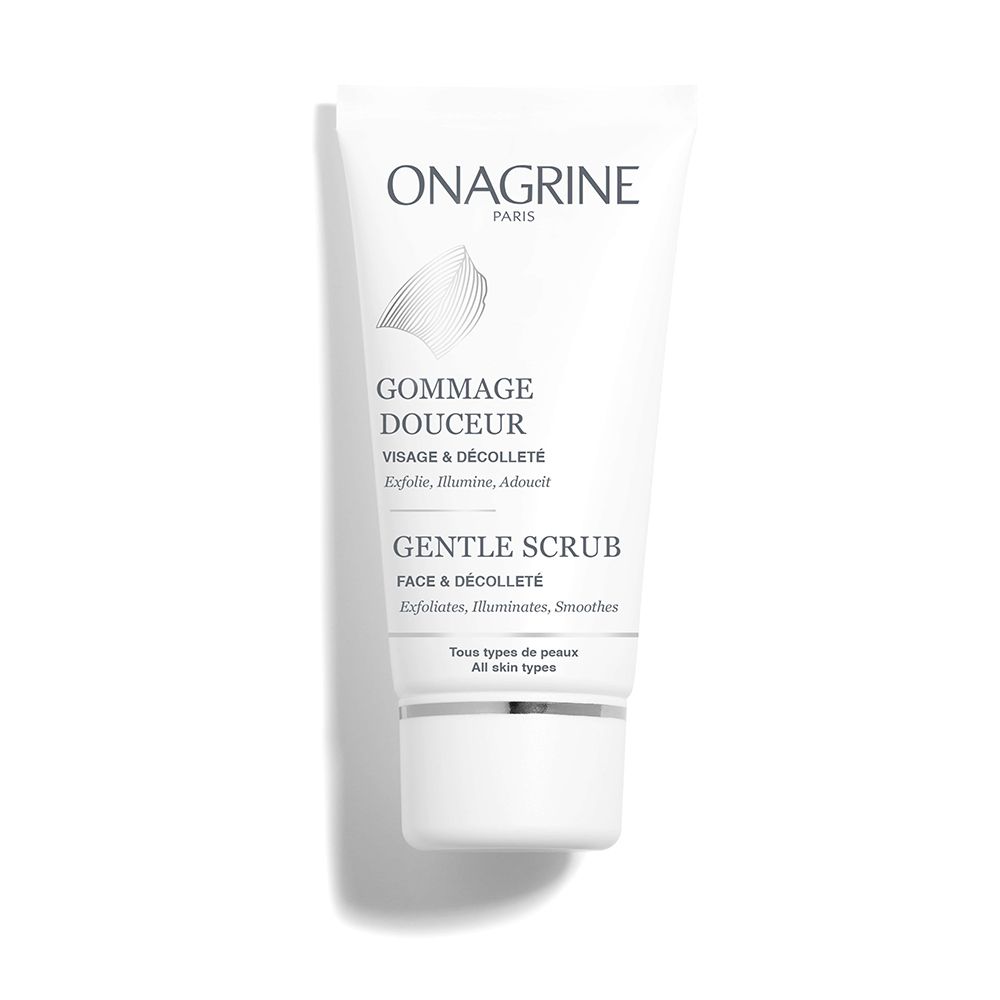Tube blanc du Gommage Douceur Visage & Décolleté Onagrine.