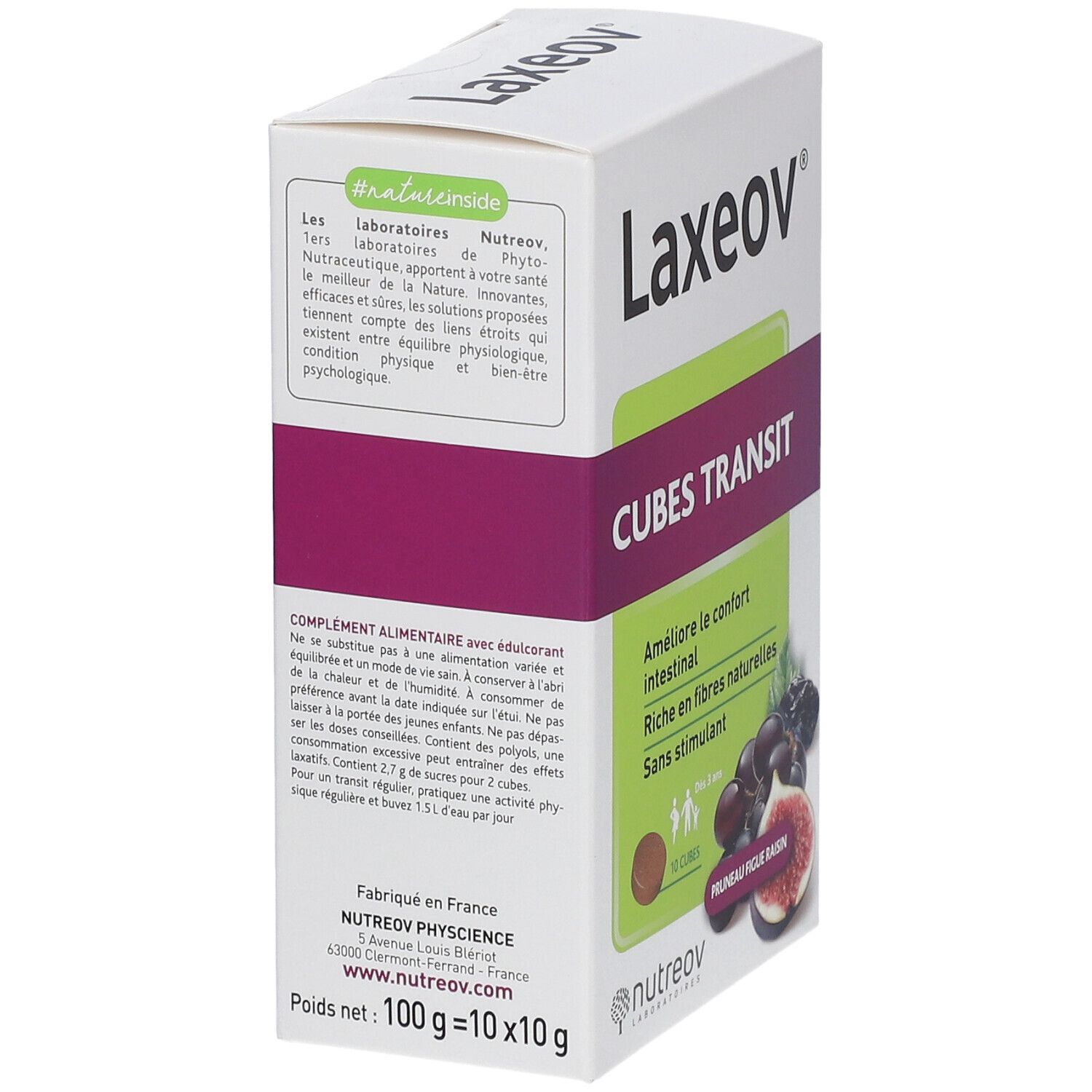 Boîte blanche Laxeov Cubes Transit. Texte sur le produit et les ingrédients. Informations.