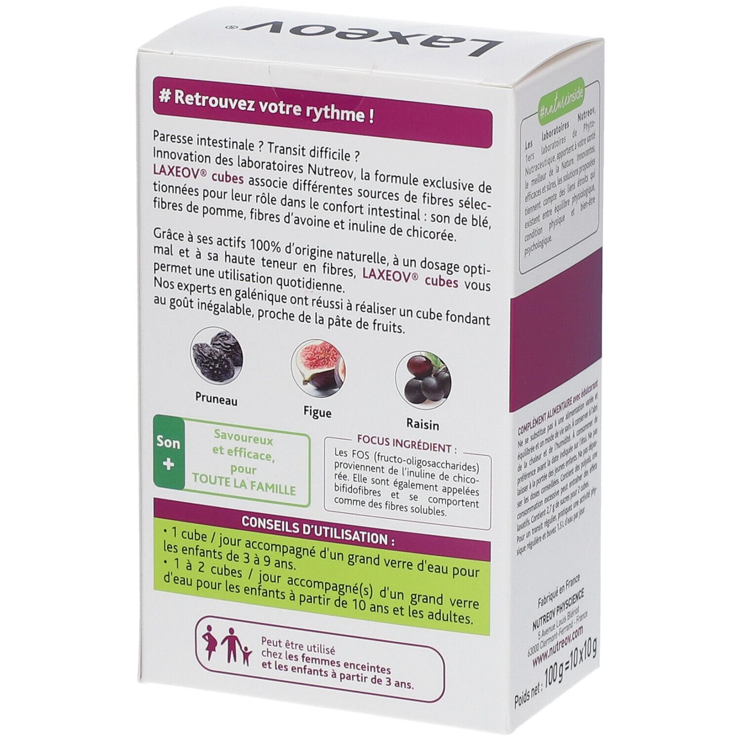 Dos de la boîte avec informations produit. Illustrations de fruits. Conseils d'utilisation.