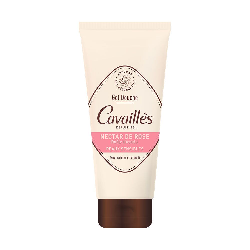 Beige tube met bruine dop. Opschrift: Cavaillès, Gel Douche, Nectar de Rose, Peaux sensibles.