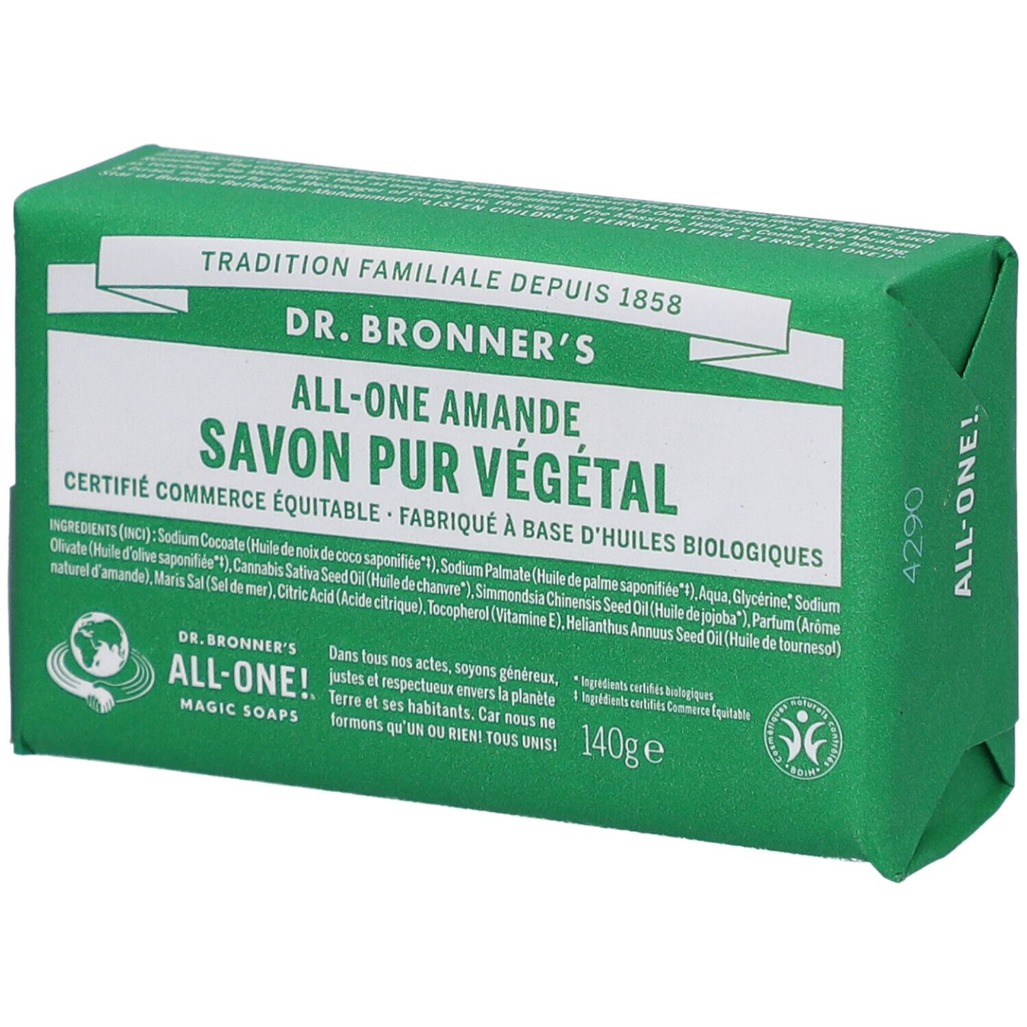 Groene verpakking met witte tekst. "Dr. Bronner's" en "Savon pur végétal" zichtbaar. 140g.