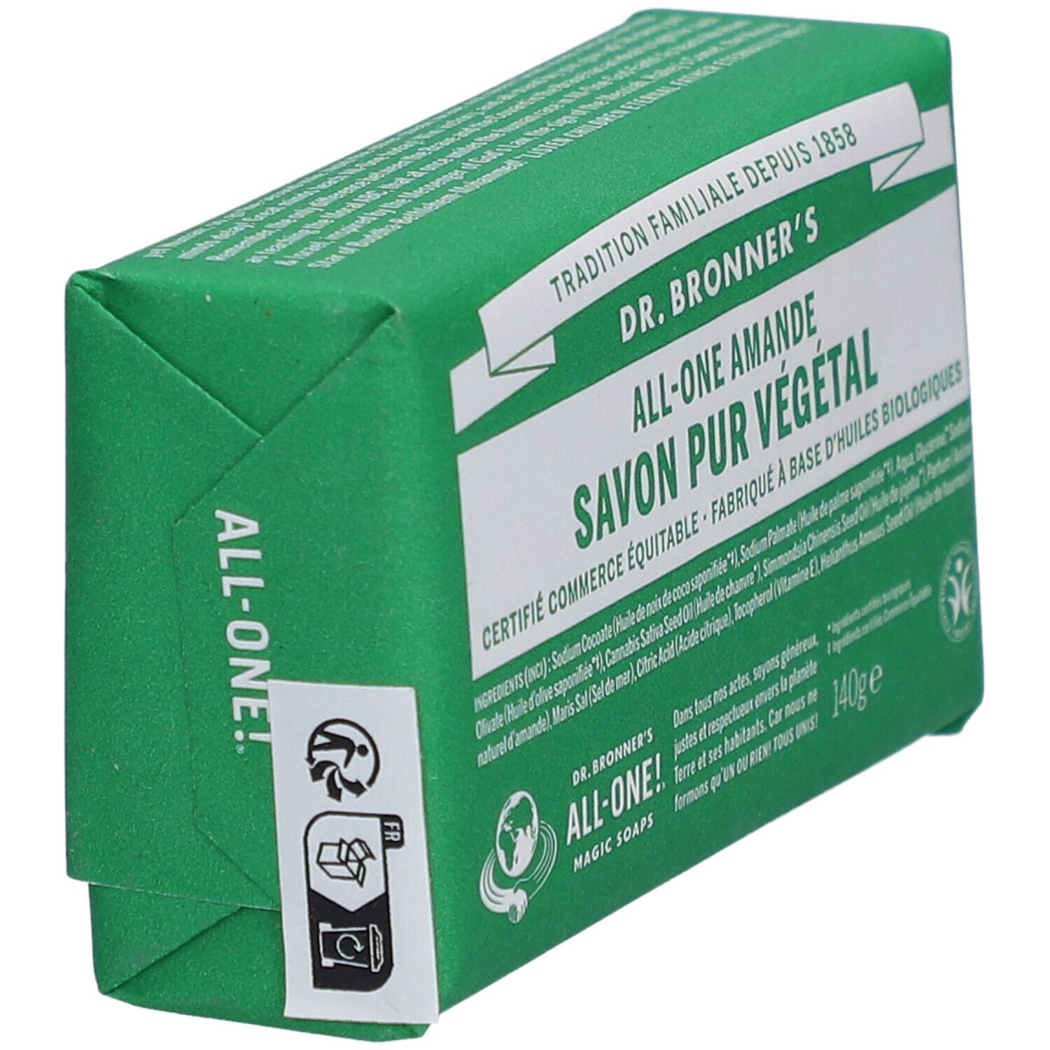 Groene zeepverpakking, schuin. "Dr. Bronner's" en "Savon pur végétal" zichtbaar. 140g.