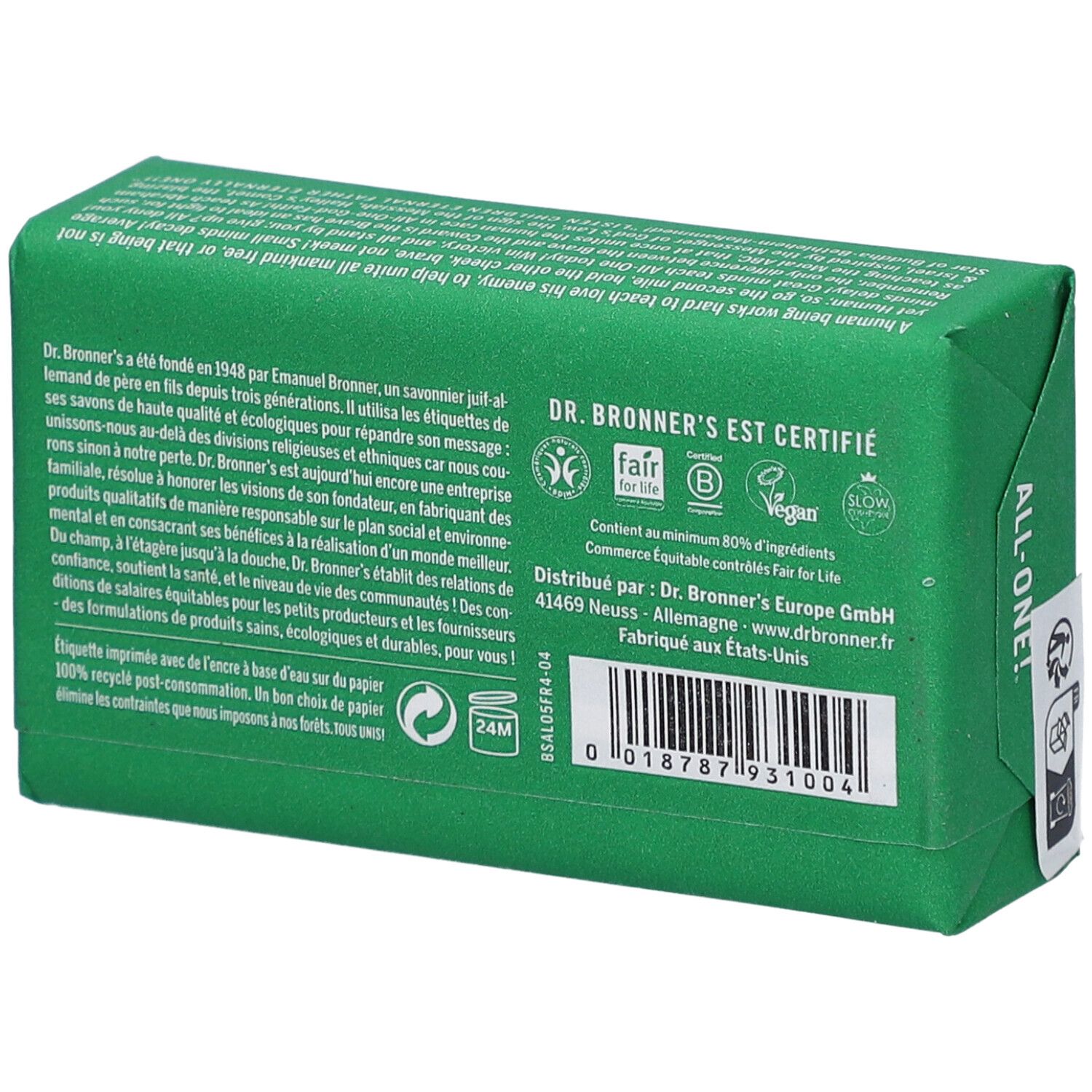 Achterkant van groene zeepverpakking. Tekst en logo's. "Dr. Bronner's" gecertificeerd. Barcode.