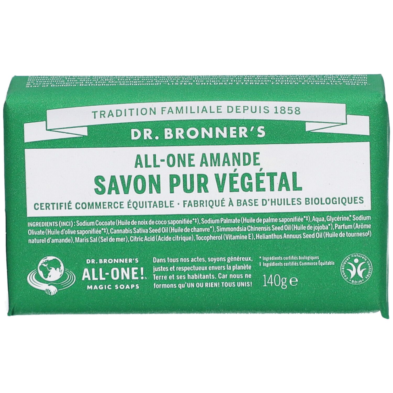 Groene zeepverpakking met witte tekst. "Dr. Bronner's" en "Savon pur végétal" zichtbaar. 140g.
