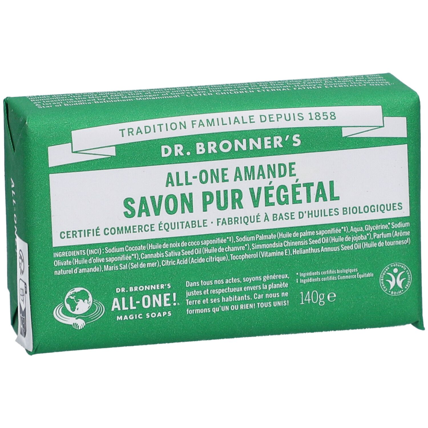 Groene zeepverpakking met witte tekst. "Dr. Bronner's" en "Savon pur végétal" zichtbaar. 140g.