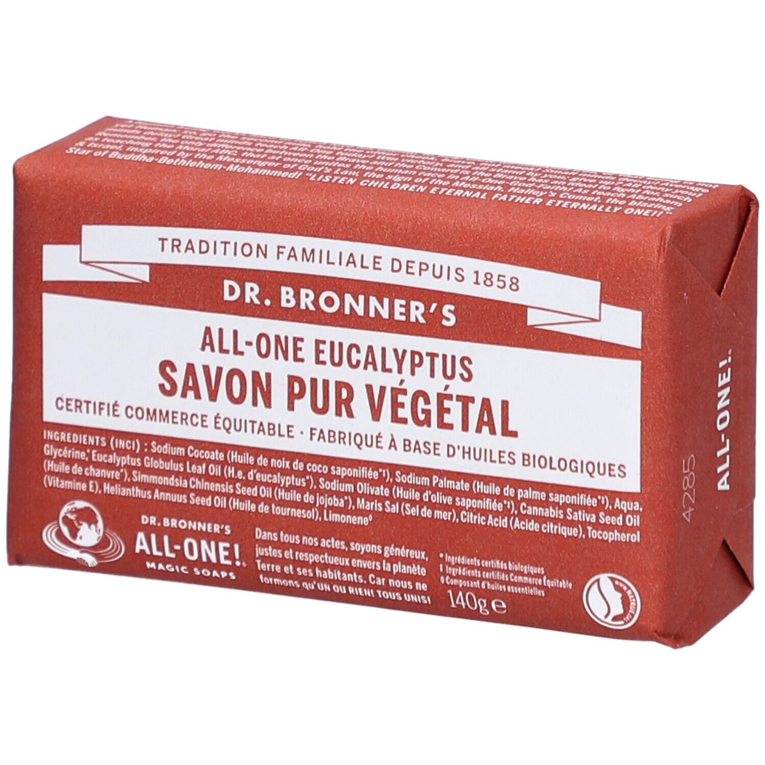 Savon emballé. Inscription: Dr. Bronner's All-One Eucalyptus Savon Pur Végétal. Label commerce équitable.