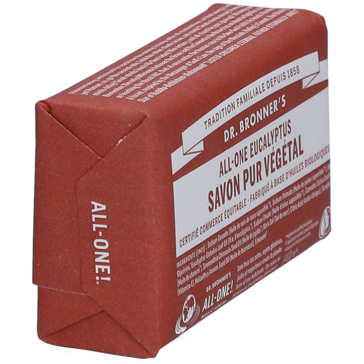 Savon emballé. Inscription: Dr. Bronner's All-One Eucalyptus Savon Pur Végétal. Vue en coin.