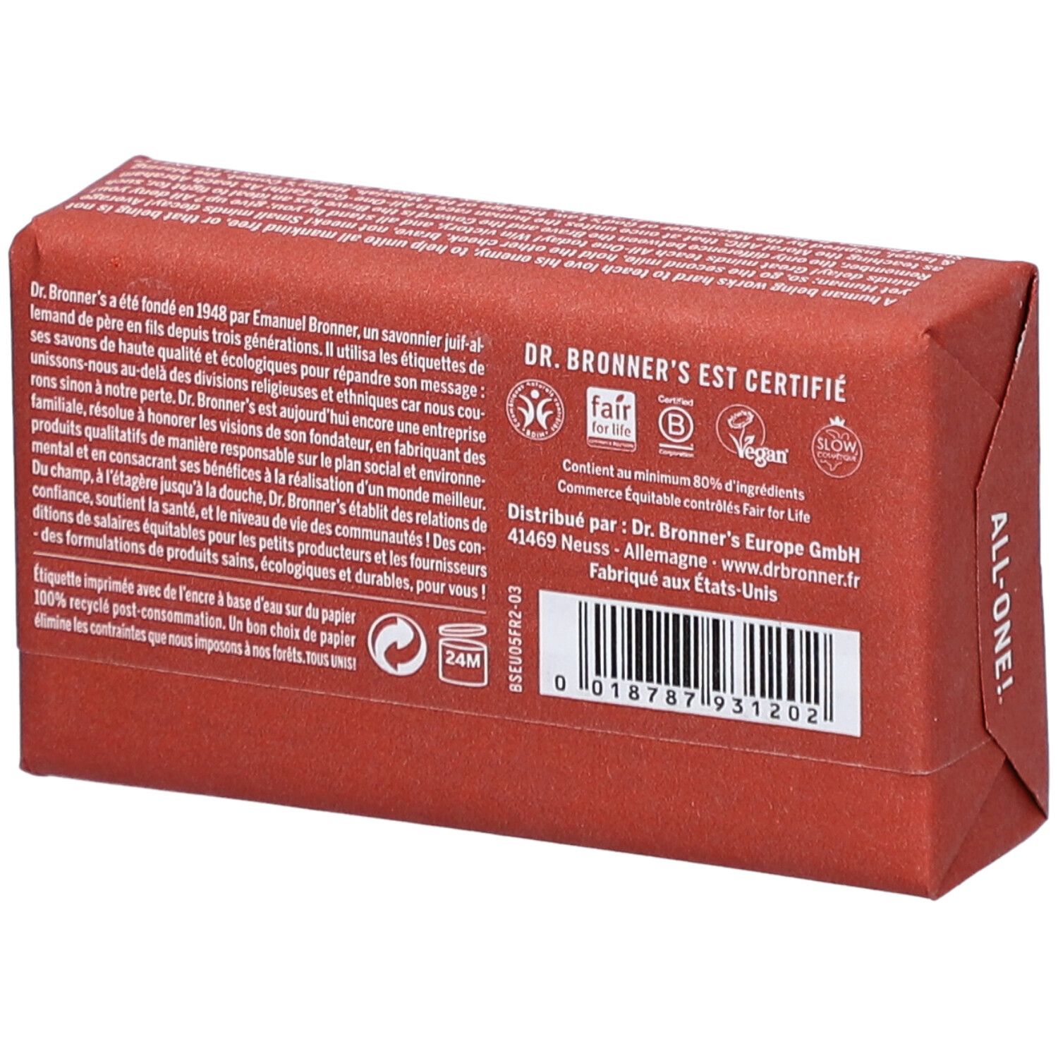 Dos du savon. Texte: Dr. Bronner's, Fair for Life, Vegan. Code-barres. Fabriqué aux États-Unis.
