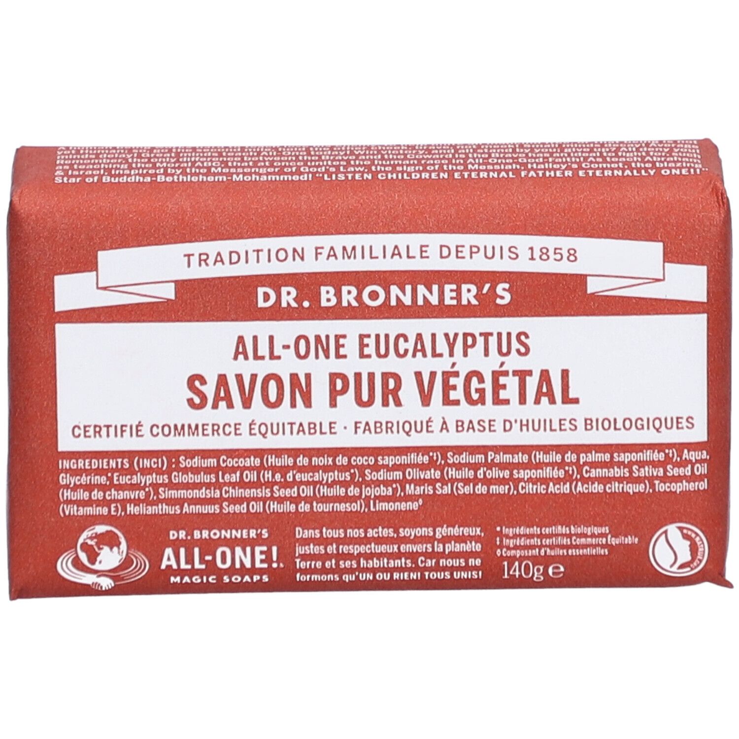 Savon rouge, vue de dessus. Inscription: Dr. Bronner's All-One Eucalyptus Savon Pur Végétal. Label commerce équitable.