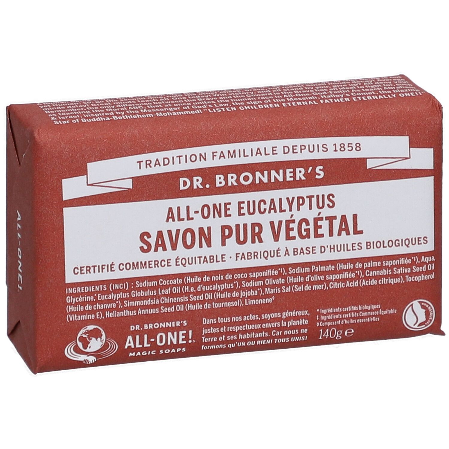 Savon rouge, vue de dessus. Inscription: Dr. Bronner's All-One Eucalyptus Savon Pur Végétal. 140g.
