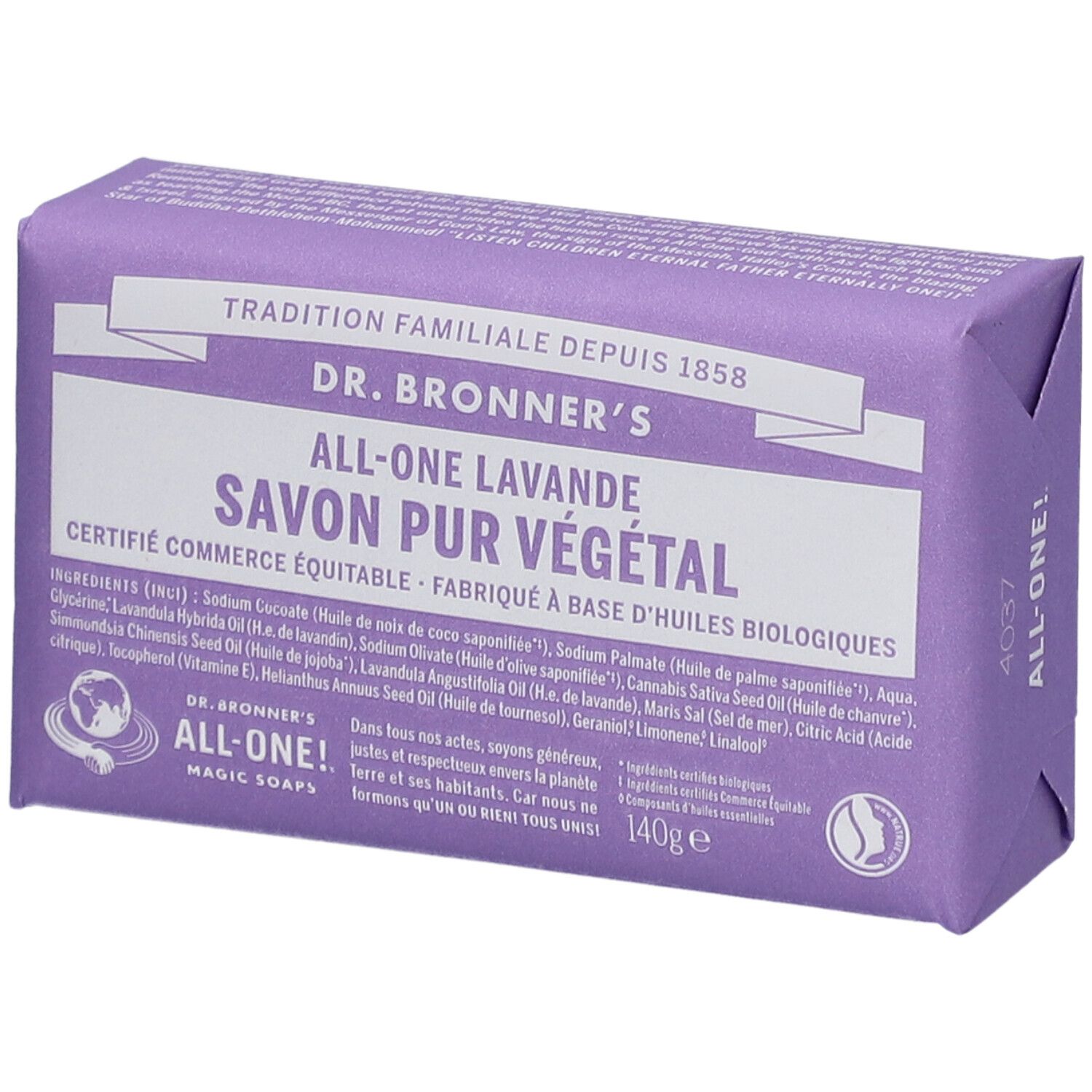 Paarse zeep in papieren verpakking. Opschrift: Dr. Bronner's All-One Lavande Savon Pur Végétal. Gecertificeerde fairtrade.