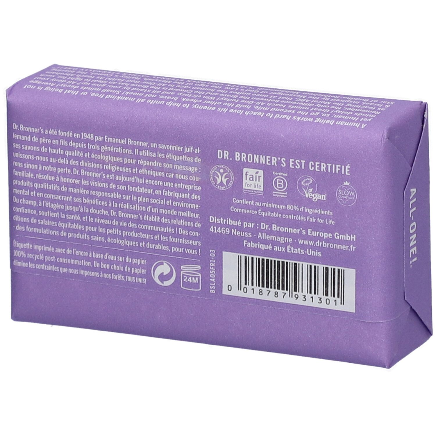 Achterkant van paarse zeep. Opschrift: Dr. Bronner's is gecertificeerd. Logo's voor Fair Trade, B Corp, Vegan, etc.