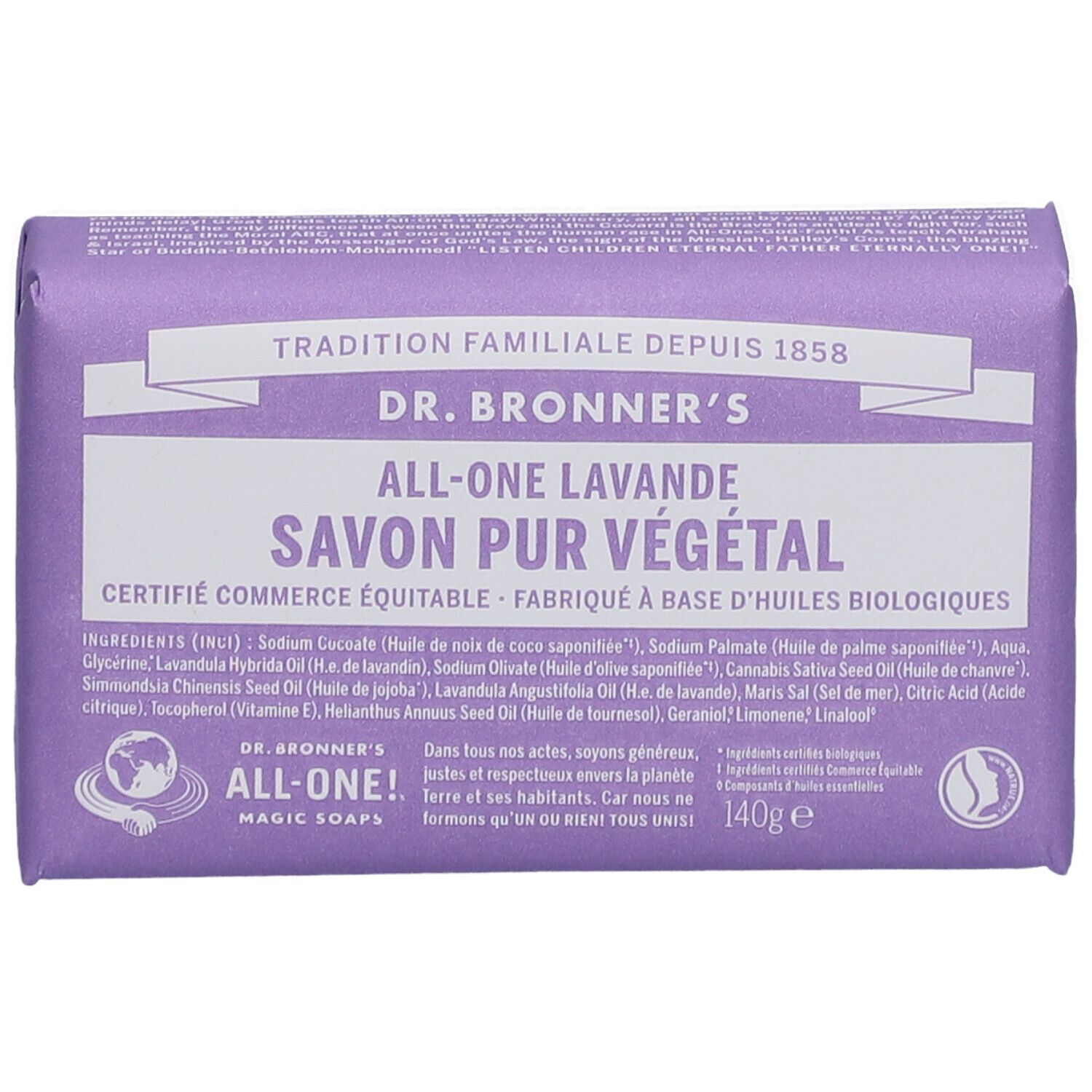 Paarse zeep in papieren verpakking. Opschrift: Dr. Bronner's All-One Lavande Savon Pur Végétal. Ingrediëntenlijst.