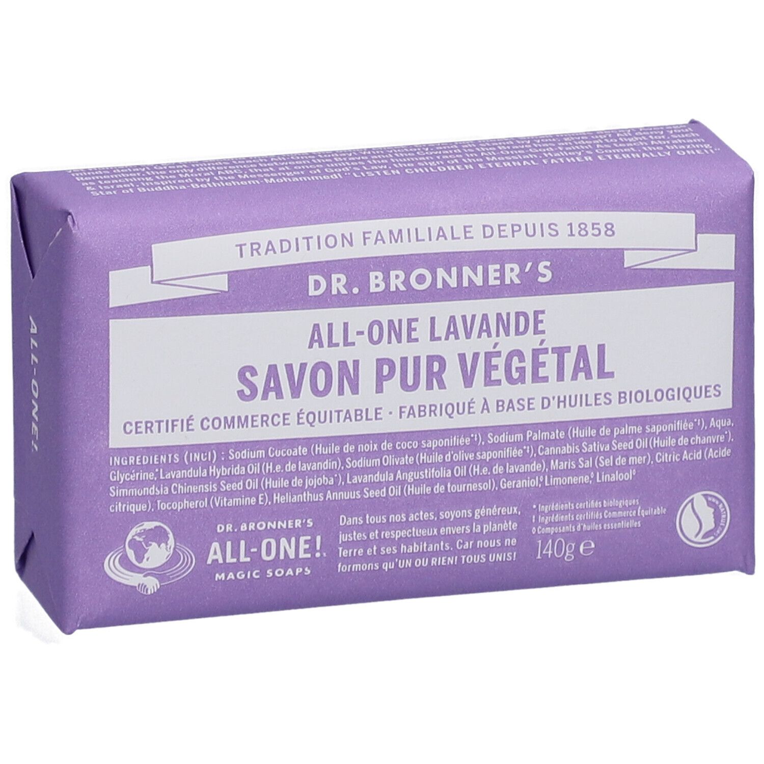 Paarse zeep in papieren verpakking. Opschrift: Dr. Bronner's All-One Lavande Savon Pur Végétal. 140g.