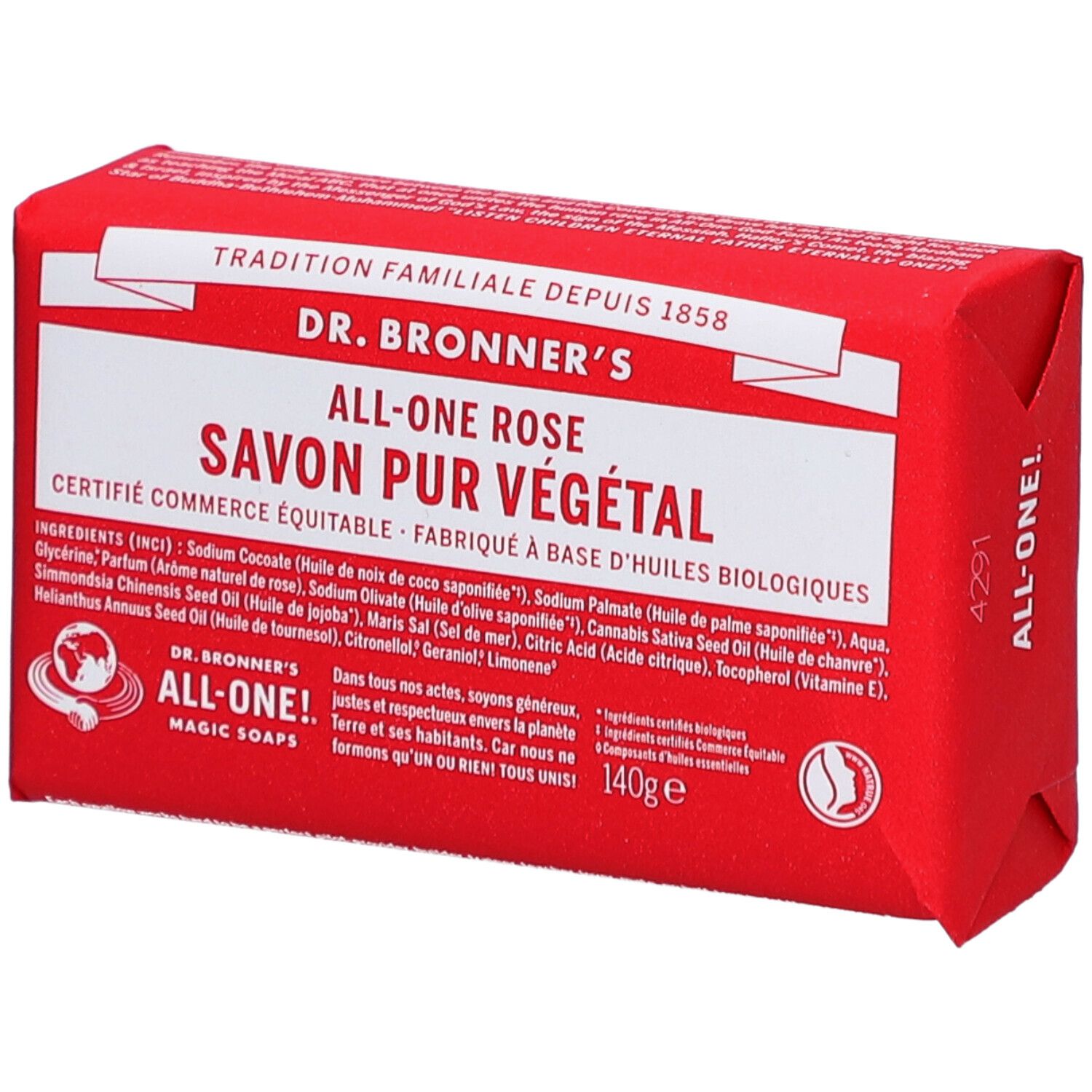 Roze zeep in verpakking. Opschrift: DR. BRONNER'S ALL-ONE ROSE SAVON PUR VÉGÉTAL. Ingrediënten en logo.
