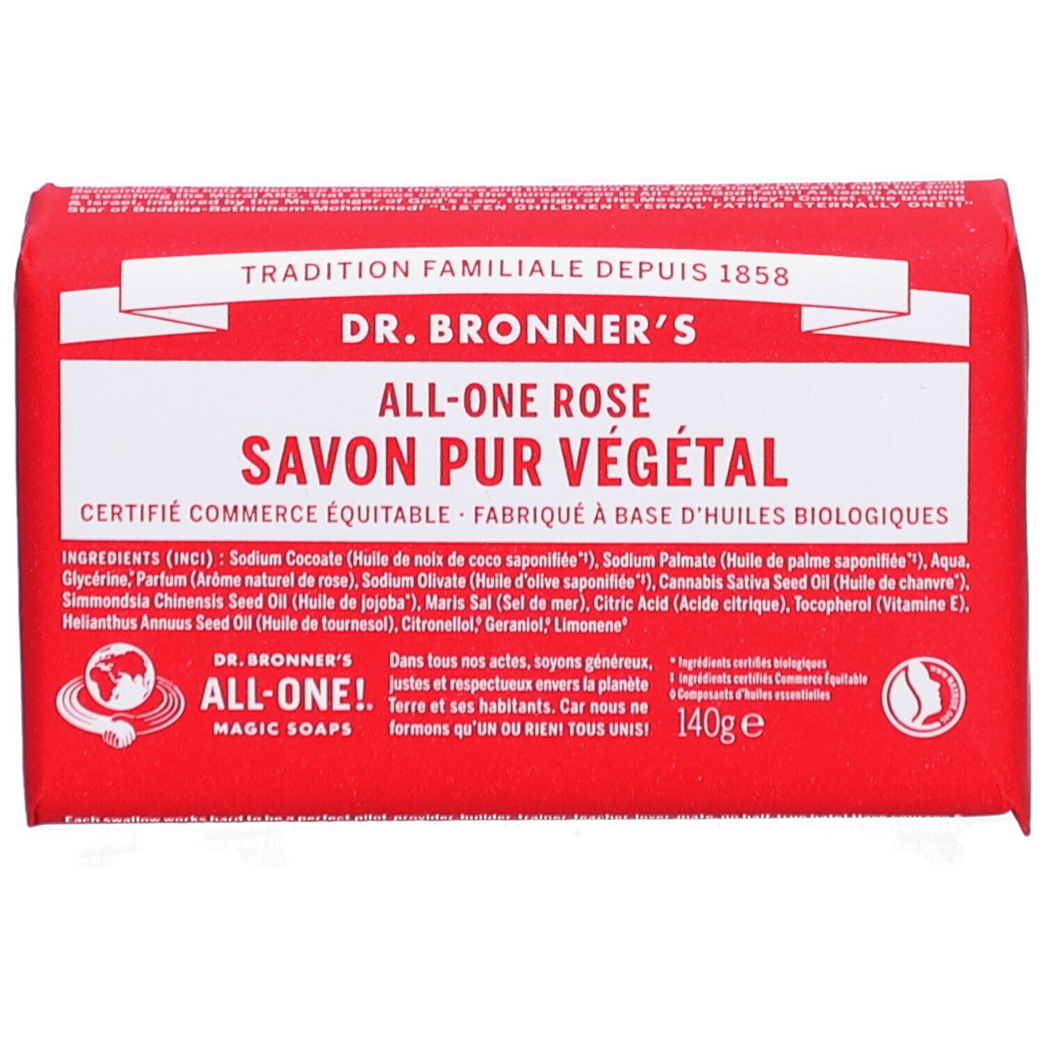 Roze zeep in verpakking. Opschrift: DR. BRONNER'S ALL-ONE ROSE SAVON PUR VÉGÉTAL. Detailweergave.