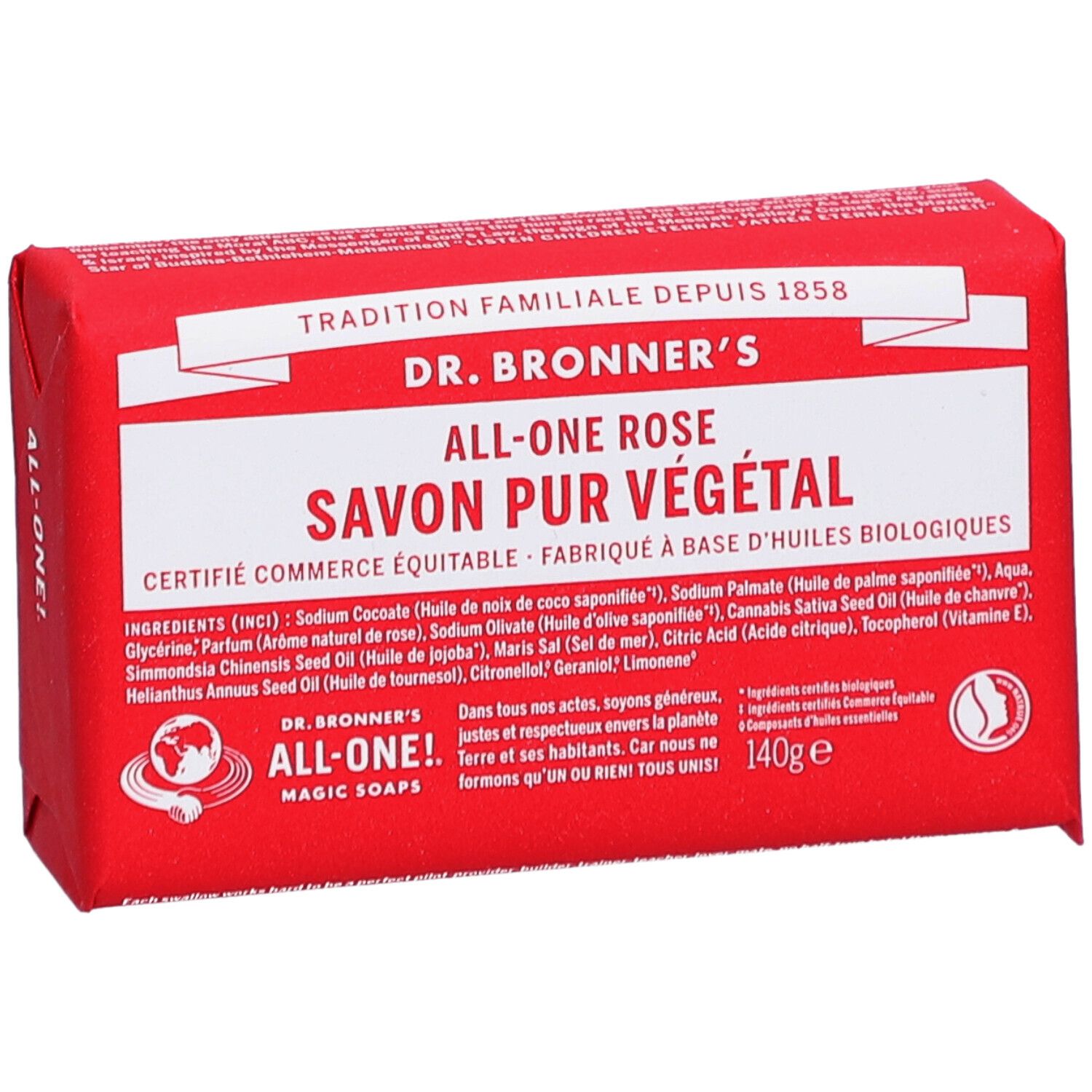 Roze zeep in verpakking. Opschrift: DR. BRONNER'S ALL-ONE ROSE SAVON PUR VÉGÉTAL. Close-up.