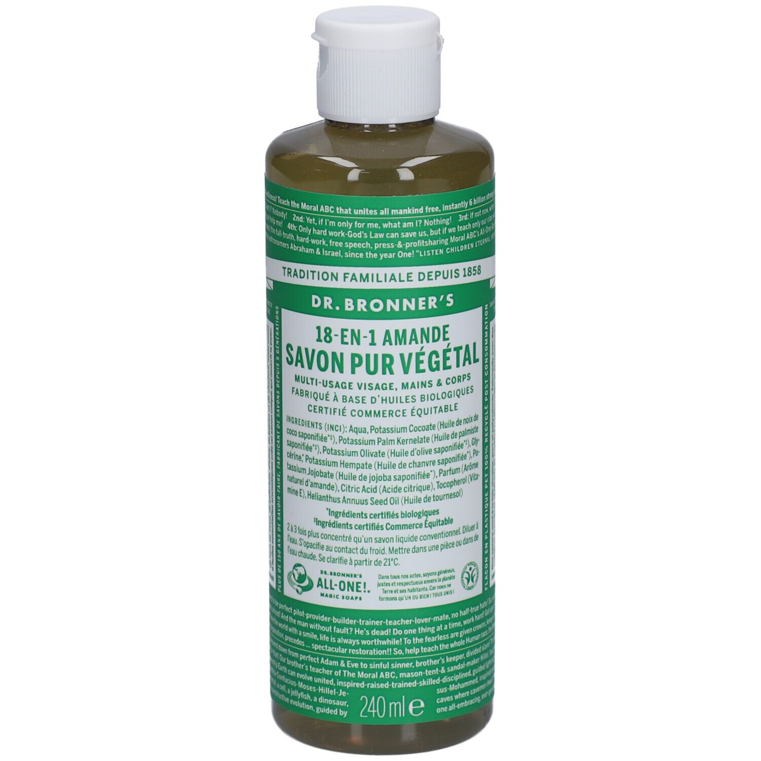 Flacon vert avec bouchon blanc. Inscription: 18-en-1 Savon pur végétal, Amande. Certifié biologique.