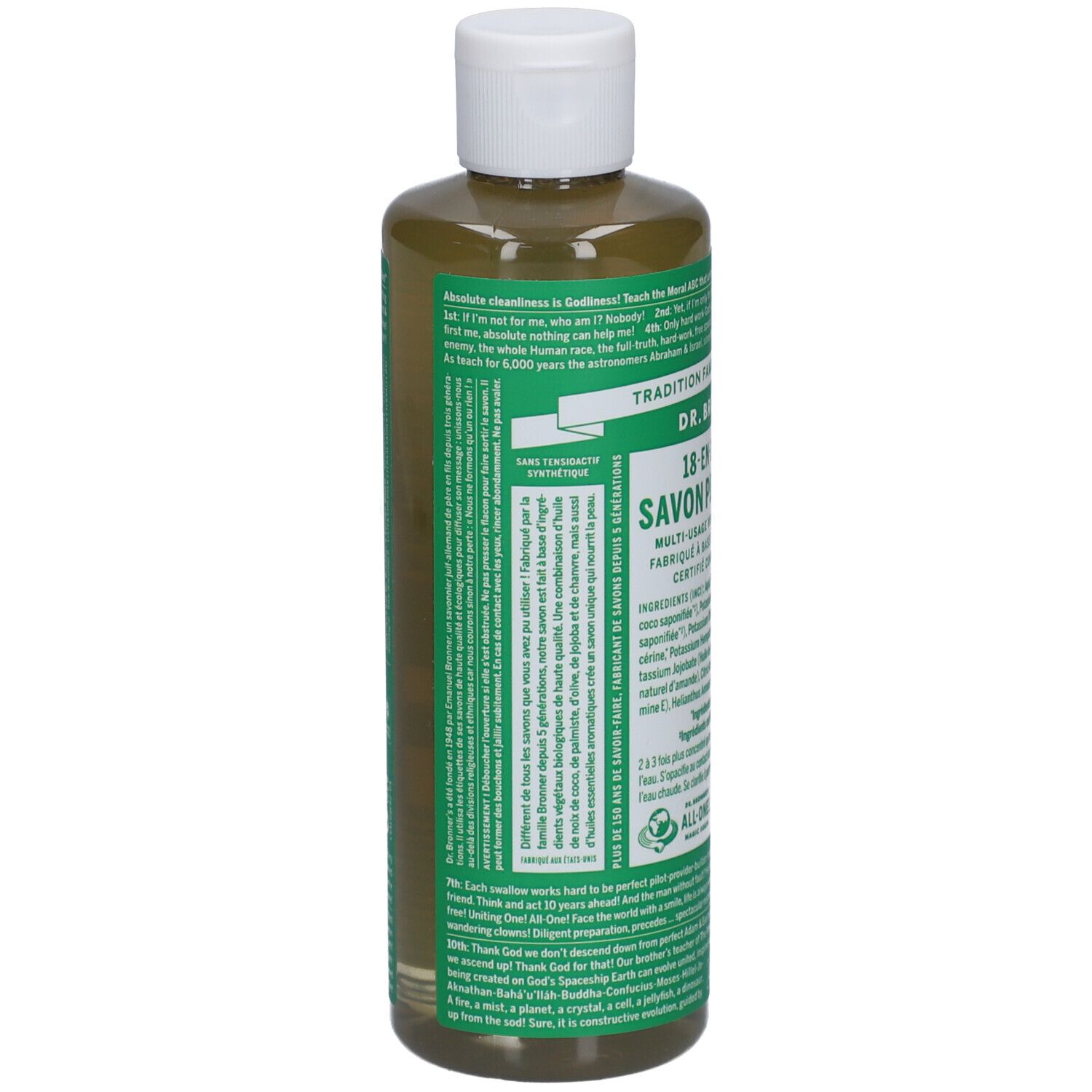 Flacon vert avec bouchon blanc. Dos avec texte. Certifications et ingrédients visibles.