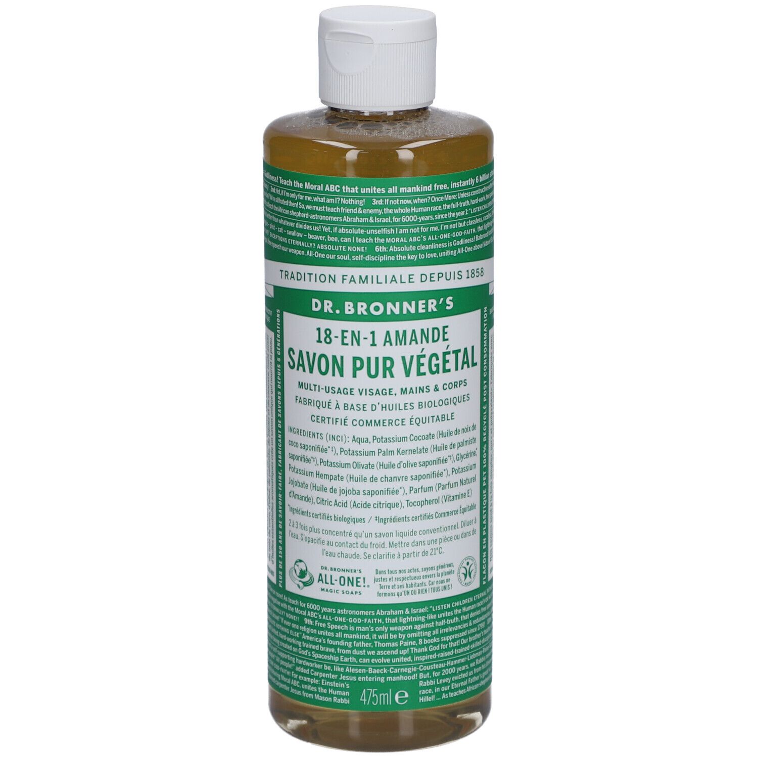 Vloeibare zeep in plastic fles met witte dop. Opschrift: 18-in-1 Amande Savon Pur Végétal. Gecertificeerd fairtrade product.