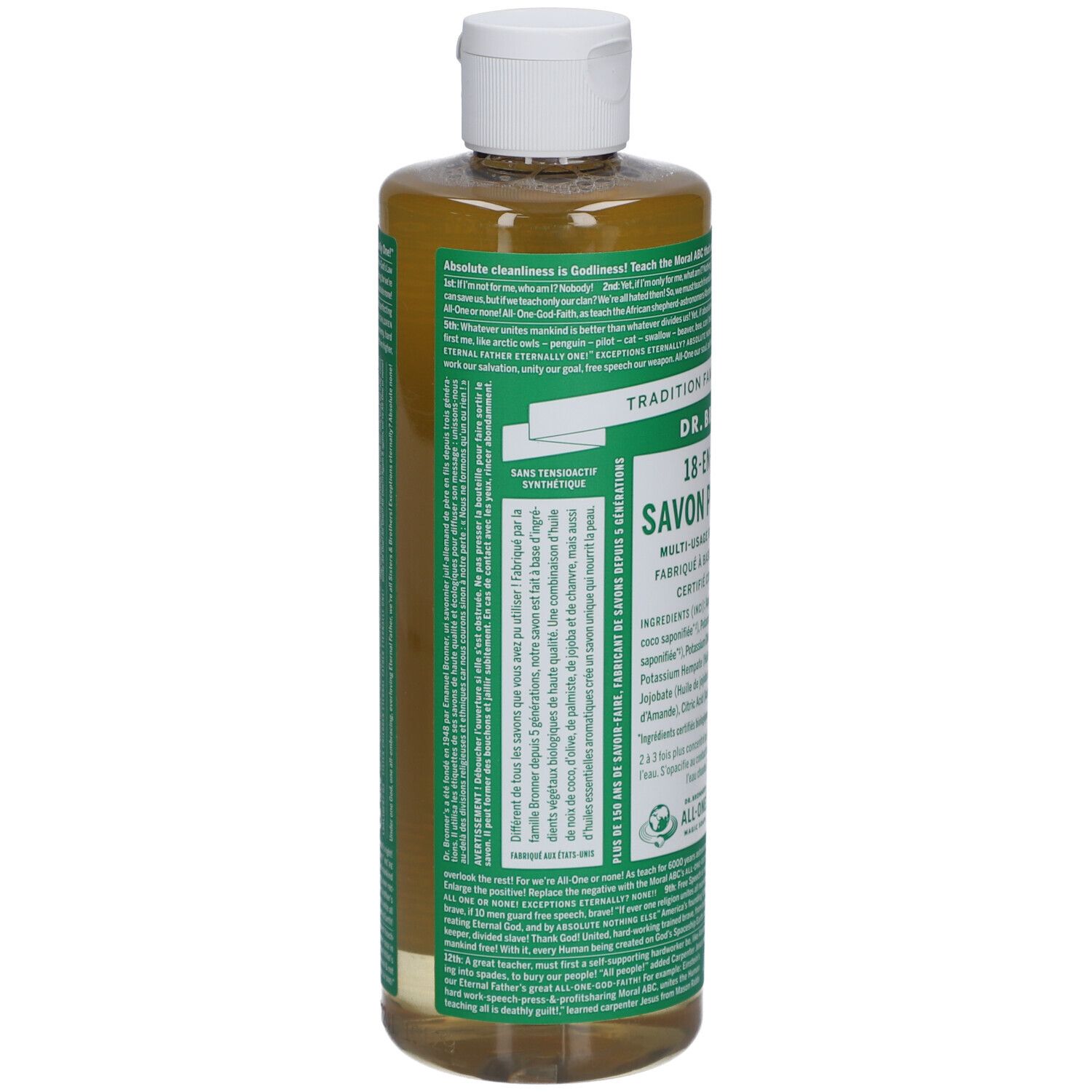 Achterkant van de vloeibare zeepfles. Tekst in meerdere talen. Vegan en fairtrade labels. Fles van gerecycled plastic.