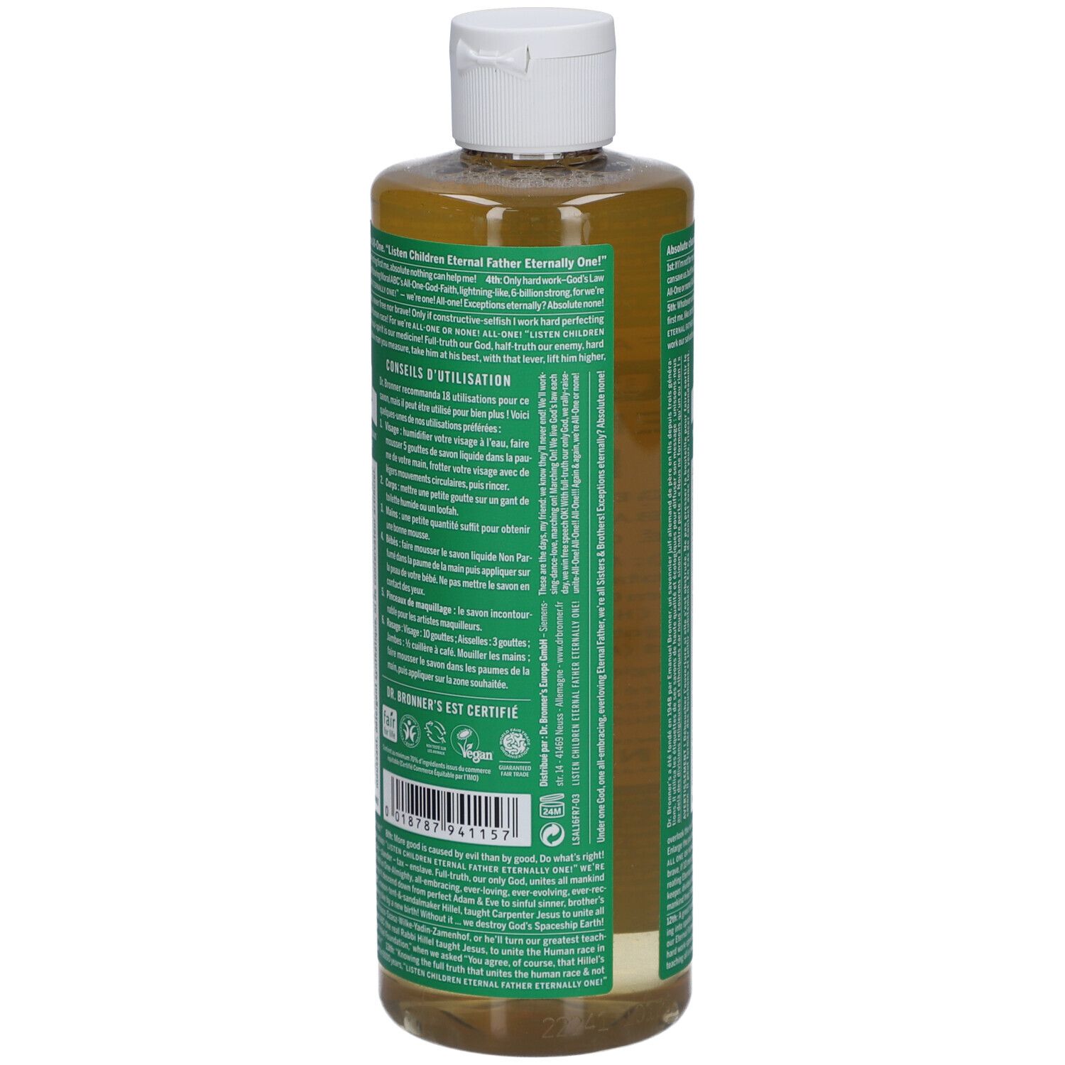 Achterkant van de vloeibare zeepfles. Tekst in meerdere talen. Vegan en fairtrade labels. Fles van gerecycled plastic.