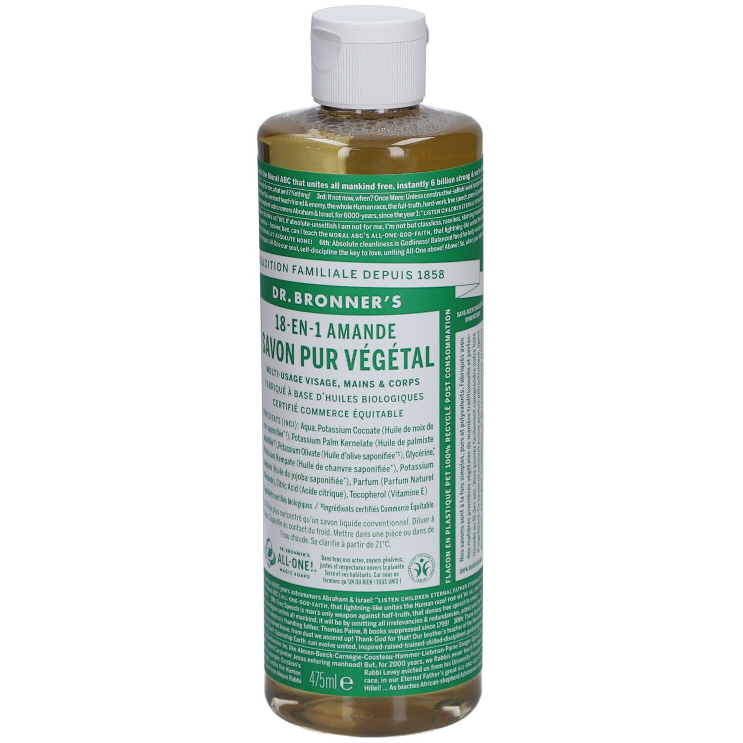 Vloeibare zeep in plastic fles met witte dop. Opschrift: 18-in-1 Amande Savon Pur Végétal. Gecertificeerd fairtrade product.