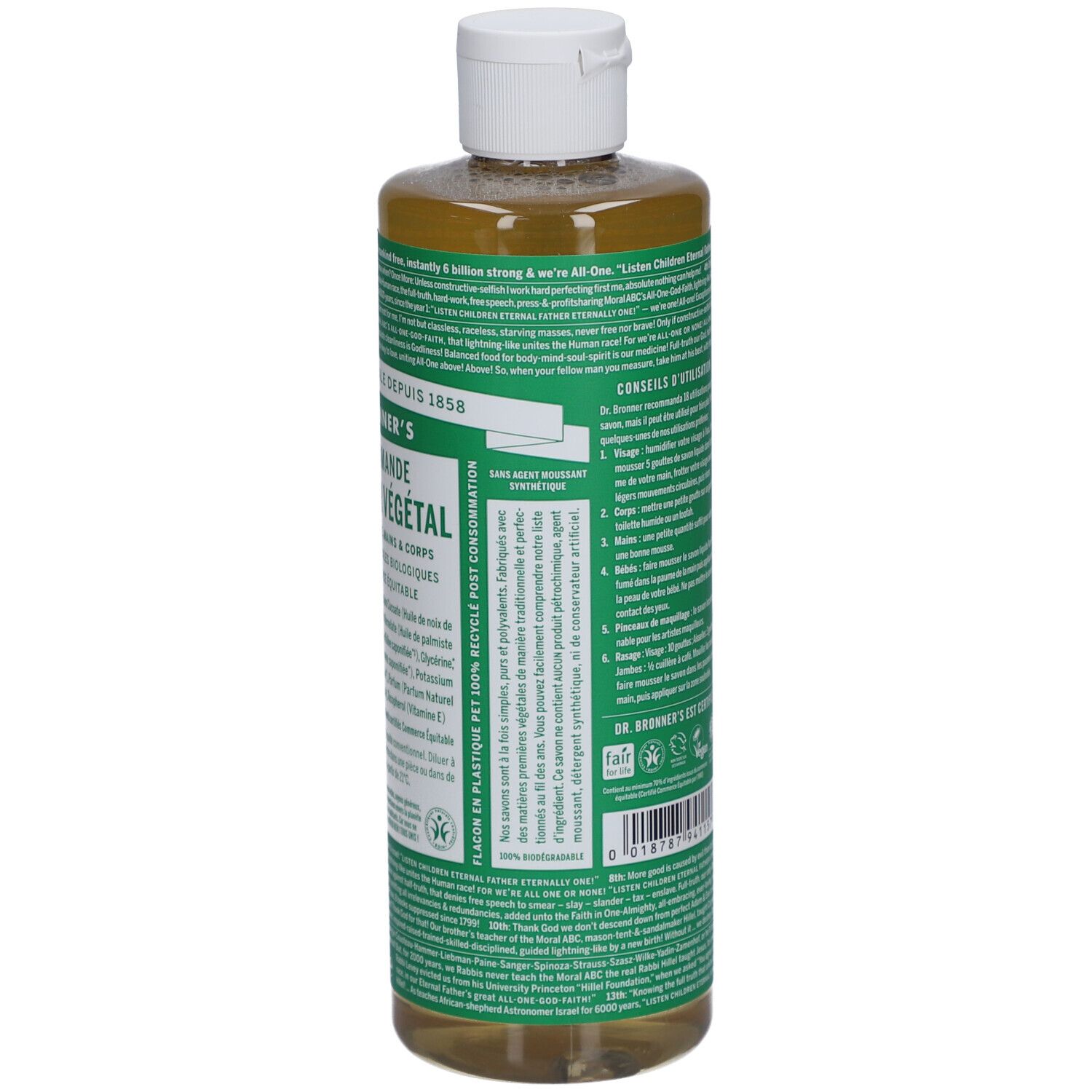 Achterkant van de vloeibare zeepfles. Tekst in meerdere talen. Vegan en fairtrade labels. Fles van gerecycled plastic.