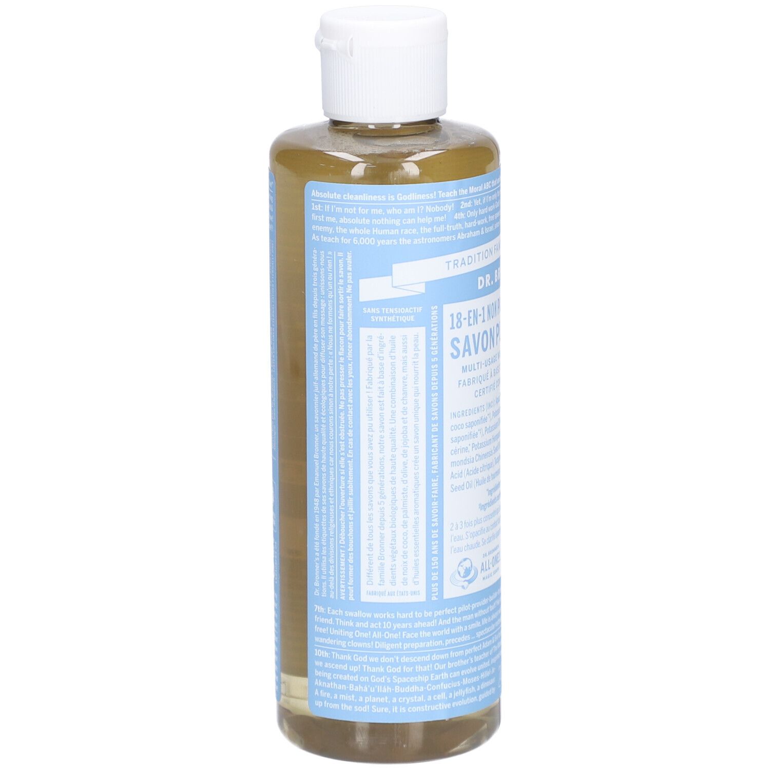 Achterkant van een flesje heldere vloeibare zeep met witte dop. Tekst op blauw etiket.