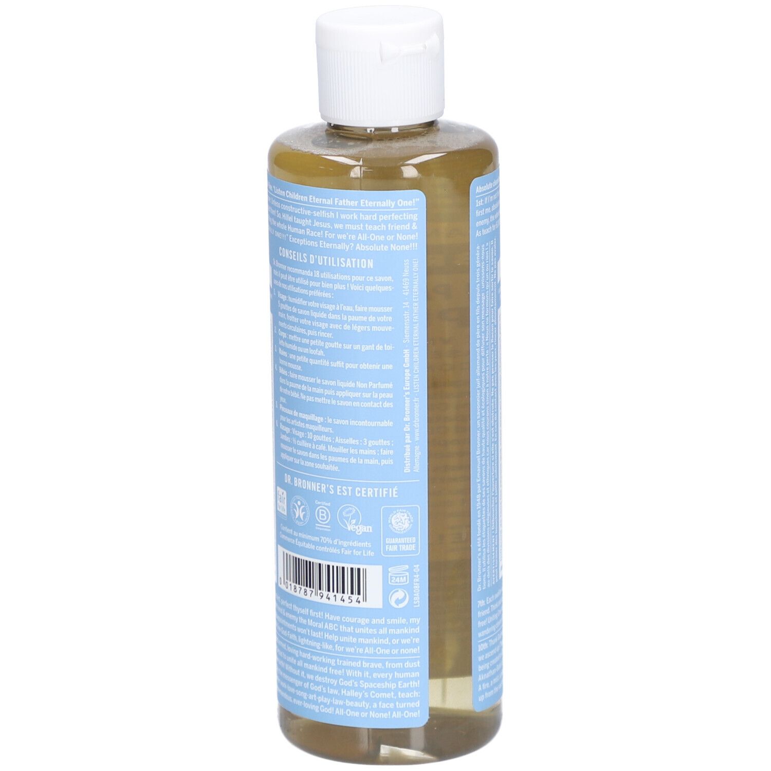 Achterkant van een flesje heldere vloeibare zeep met witte dop. Tekst op blauw etiket, QR-code en logo's.
