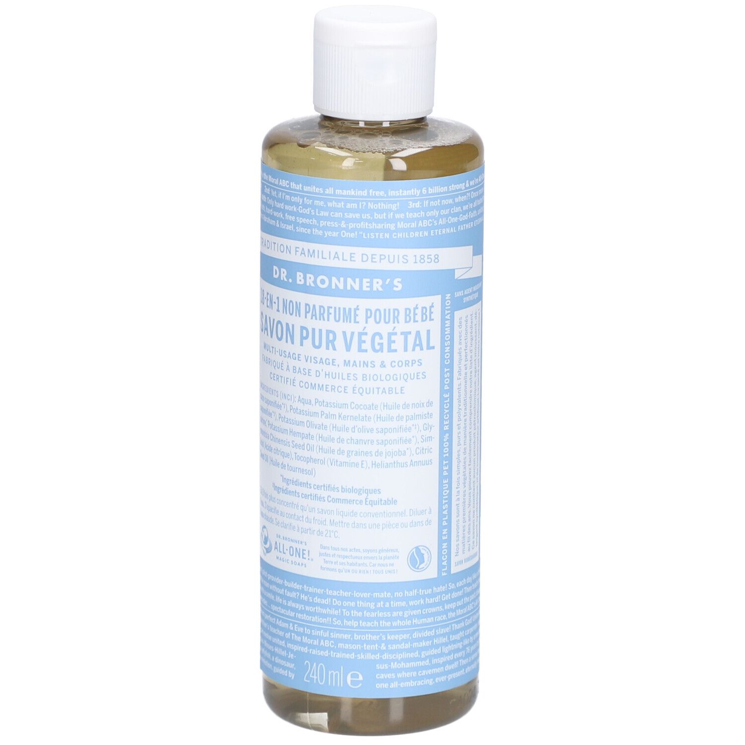 Achterkant van een flesje heldere vloeibare zeep met witte dop. Tekst op blauw etiket, volume-aanduiding.
