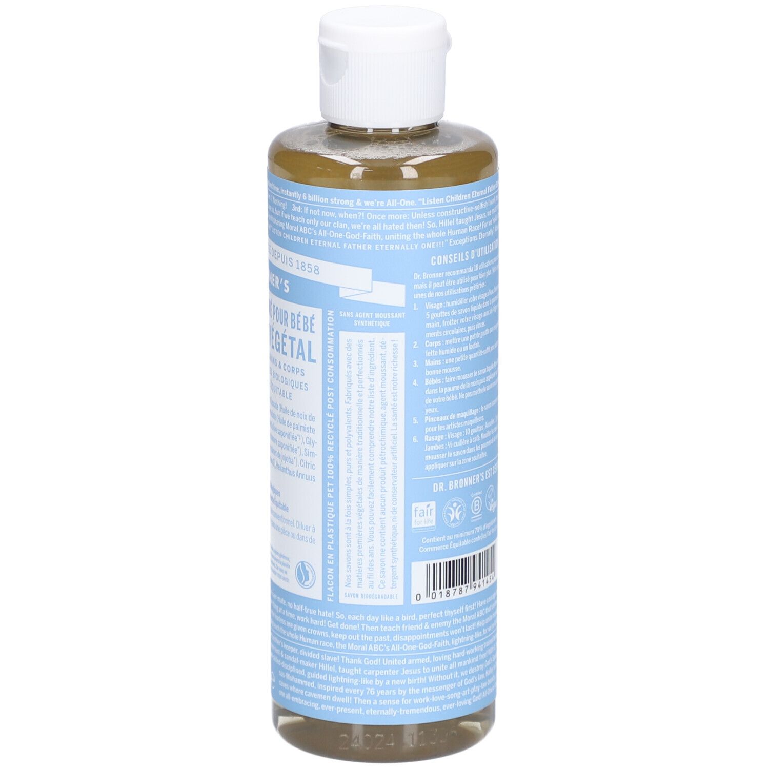 Achterkant van een flesje heldere vloeibare zeep met witte dop. Tekst op blauw etiket, QR-code en logo's.