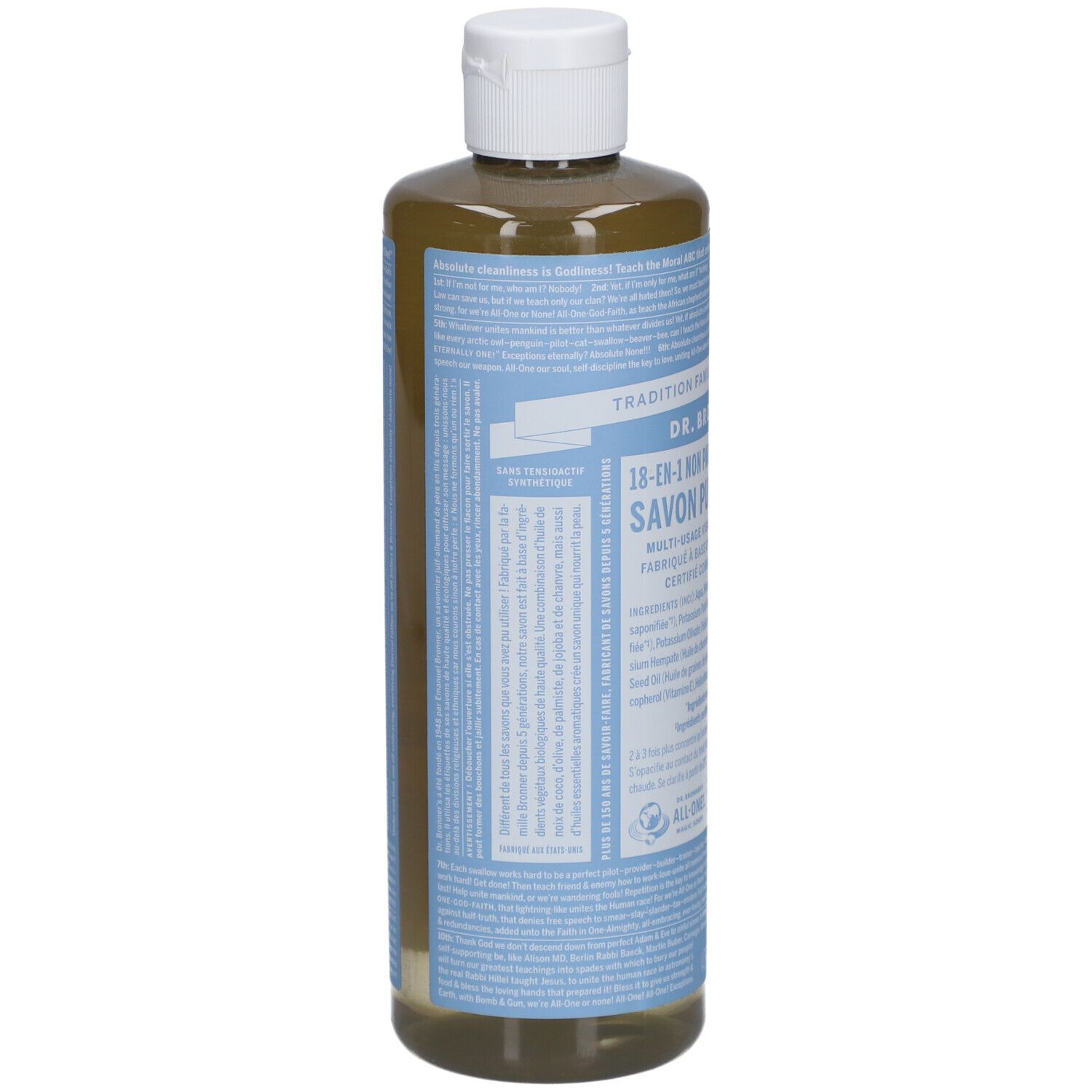 Bouteille de savon liquide avec bouchon blanc. Étiquettes bleues avec texte. La bouteille est légèrement inclinée.