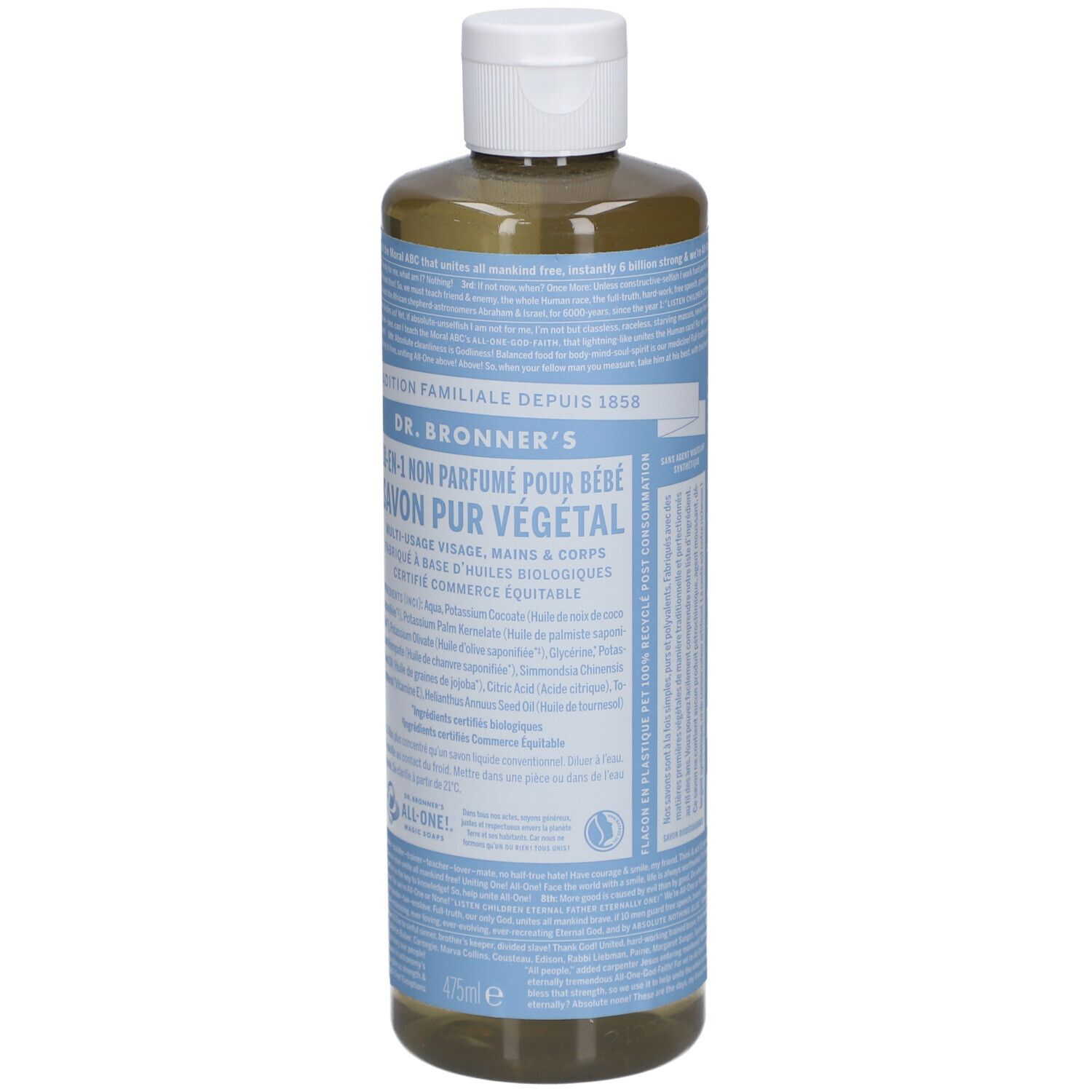 Bouteille de savon liquide avec bouchon blanc. Étiquettes bleues avec texte. "DR. BRONNER'S" et "SAVON PUR VÉGÉTAL" sont visibles.
